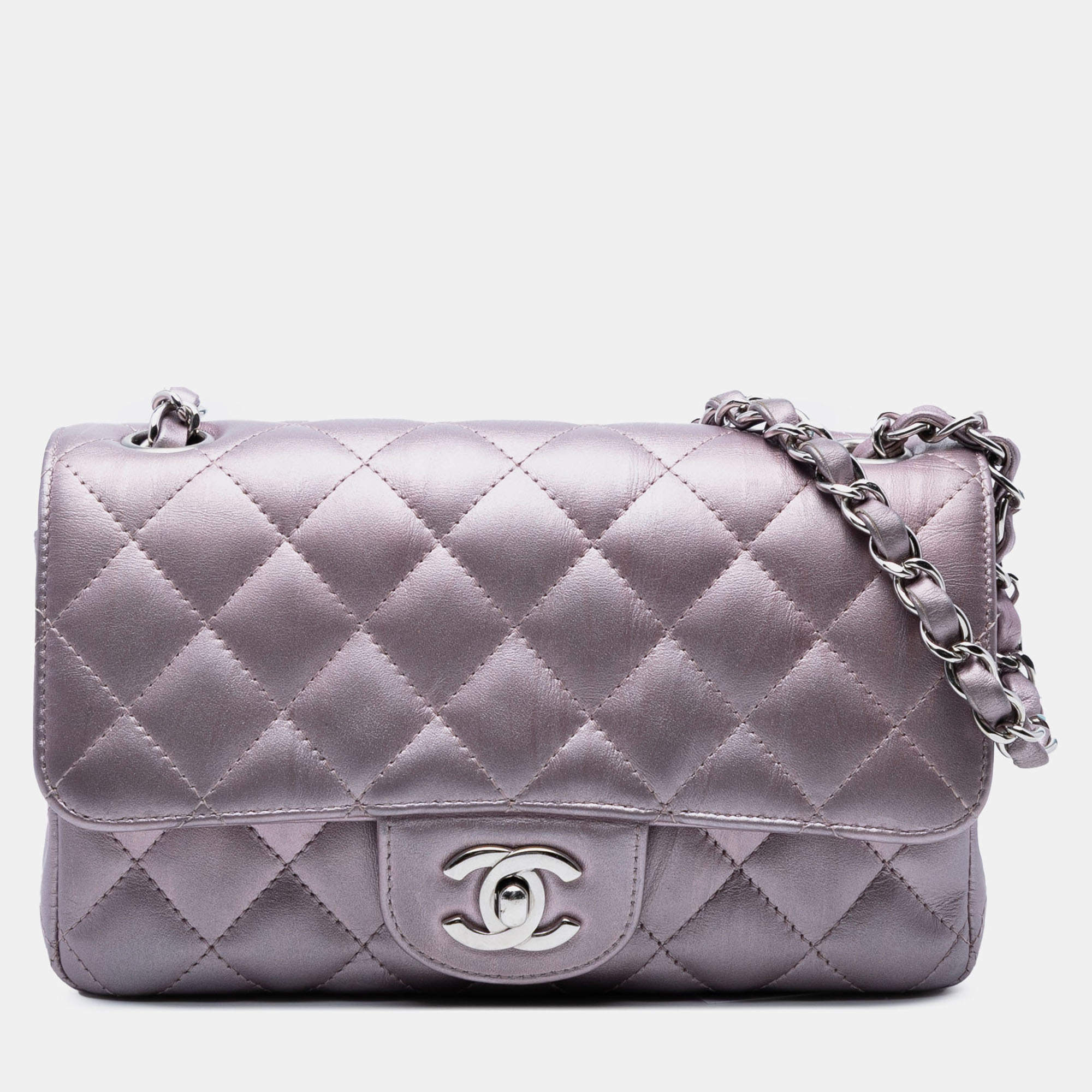 Pre Owned Chanel Pink Mini Rectangular Classic Iridescent Calfskin Single Flap