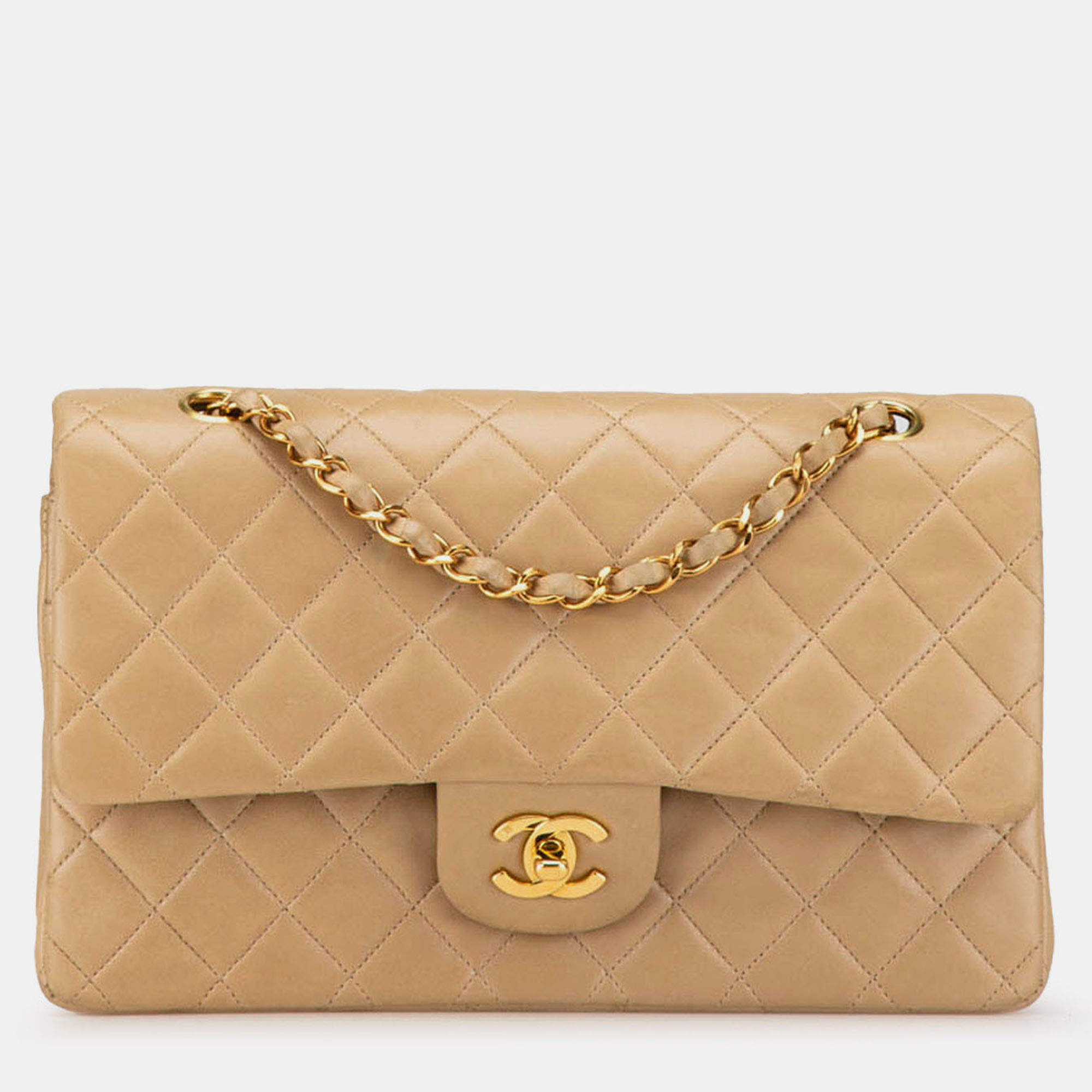 Pre Owned Chanel Beige Medium Classic Lambskin Double Flap