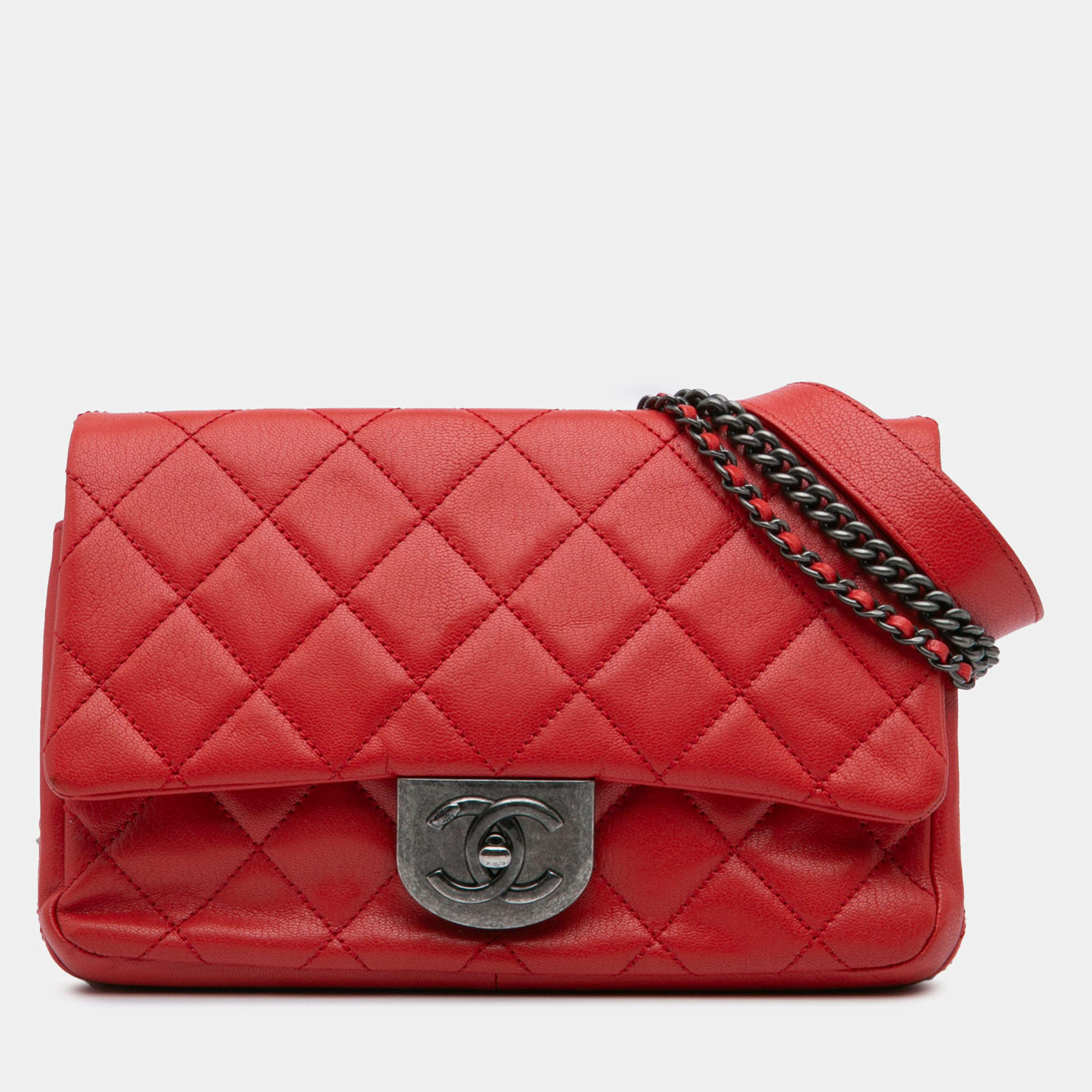 Pre Owned Chanel Red Small Quilted Goatskin Double Carry Waist Chain Flap