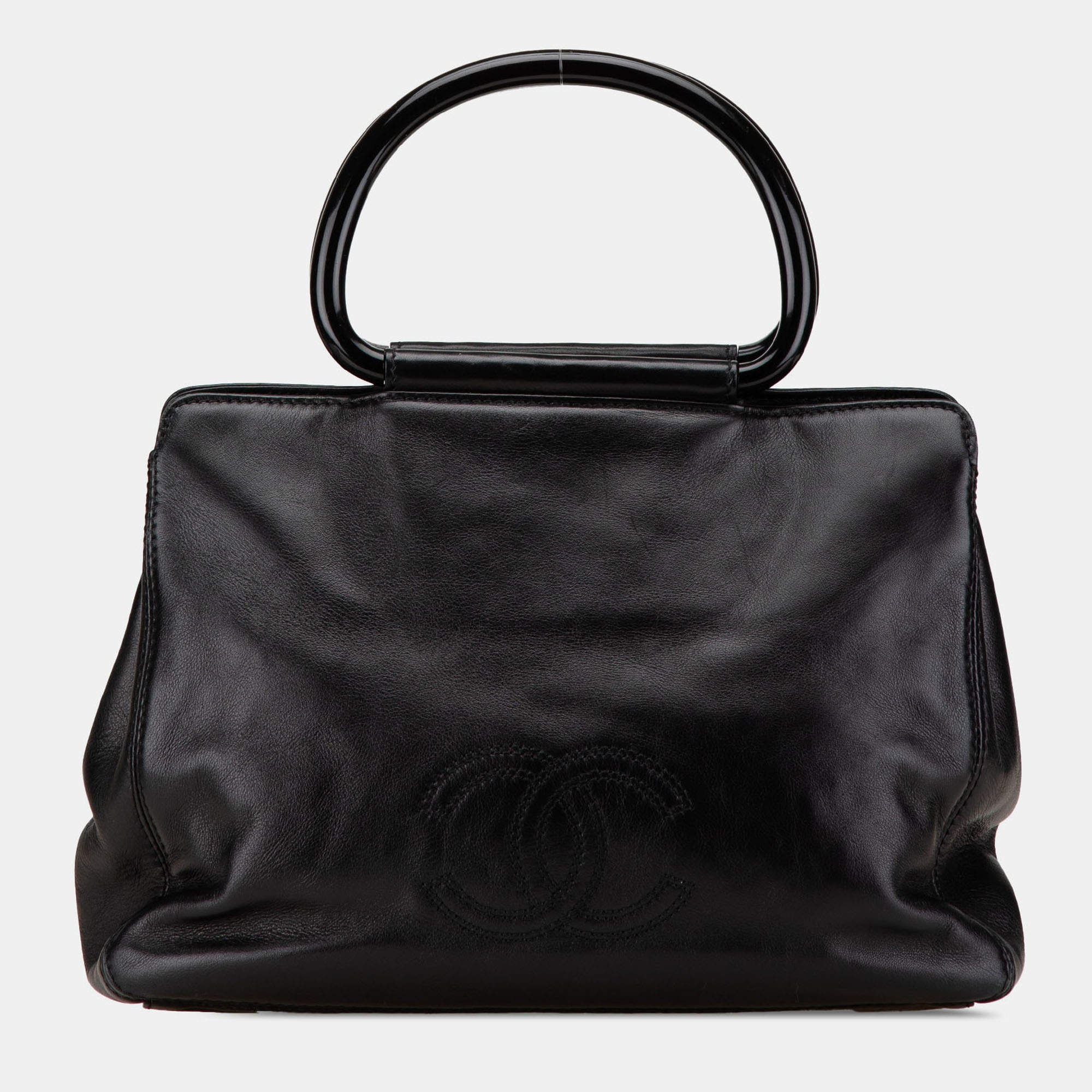 Pre Owned Chanel Black CC Lambskin Tortoise Handle Tote