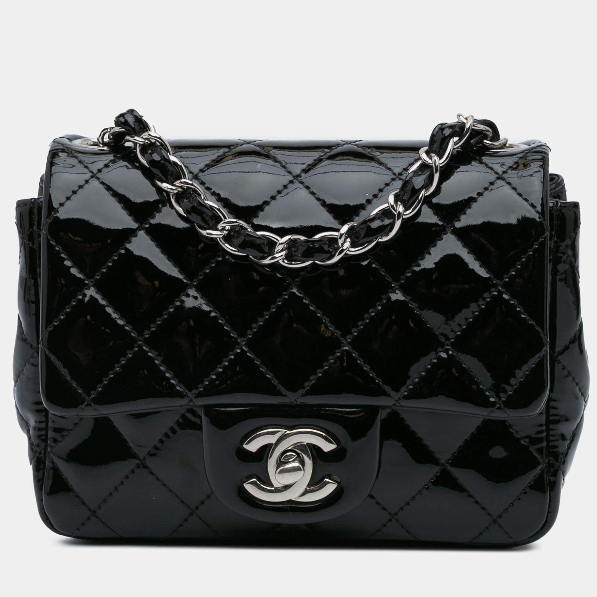 Pre Owned Chanel Black Mini Square Classic Patent Single Flap