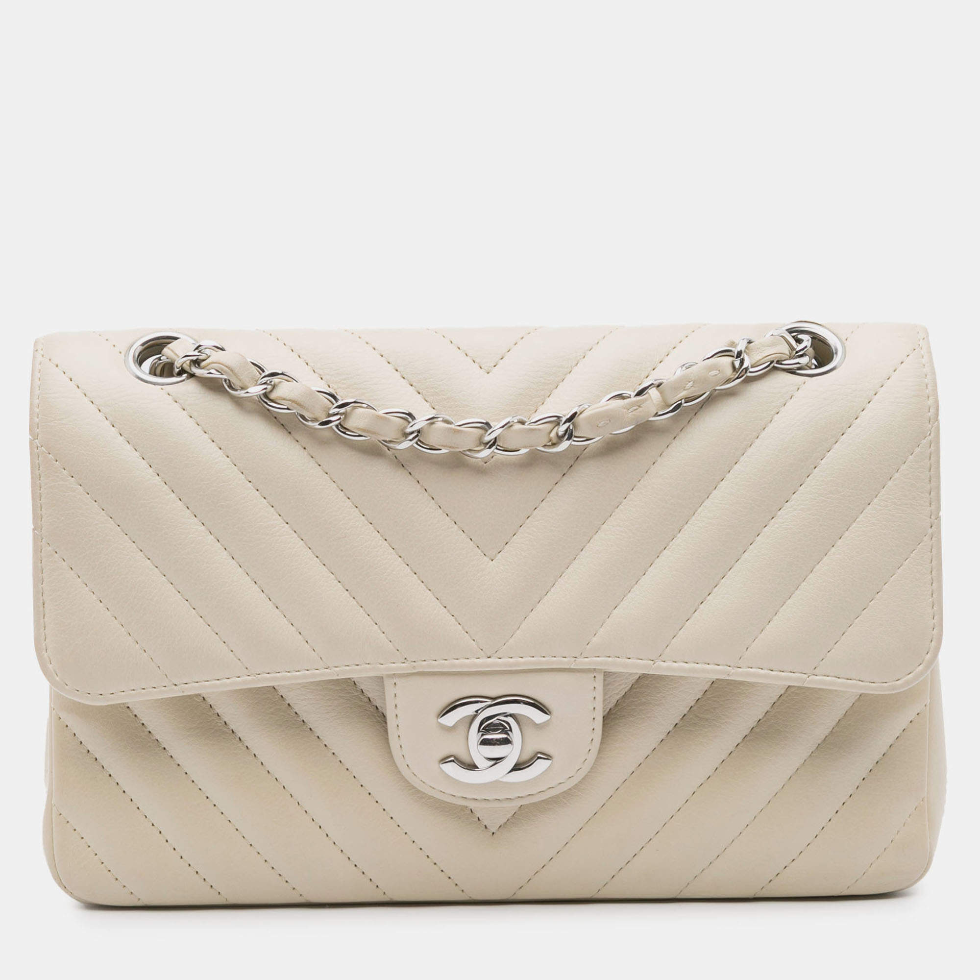 Pre Owned Chanel White Small Classic Chevron Lambskin Double Flap