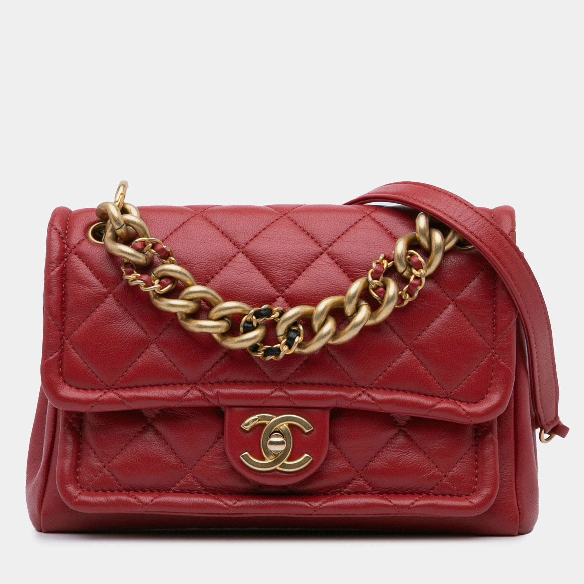 Pre Owned Chanel Red Small Quilted Lambskin Chain Link Flap