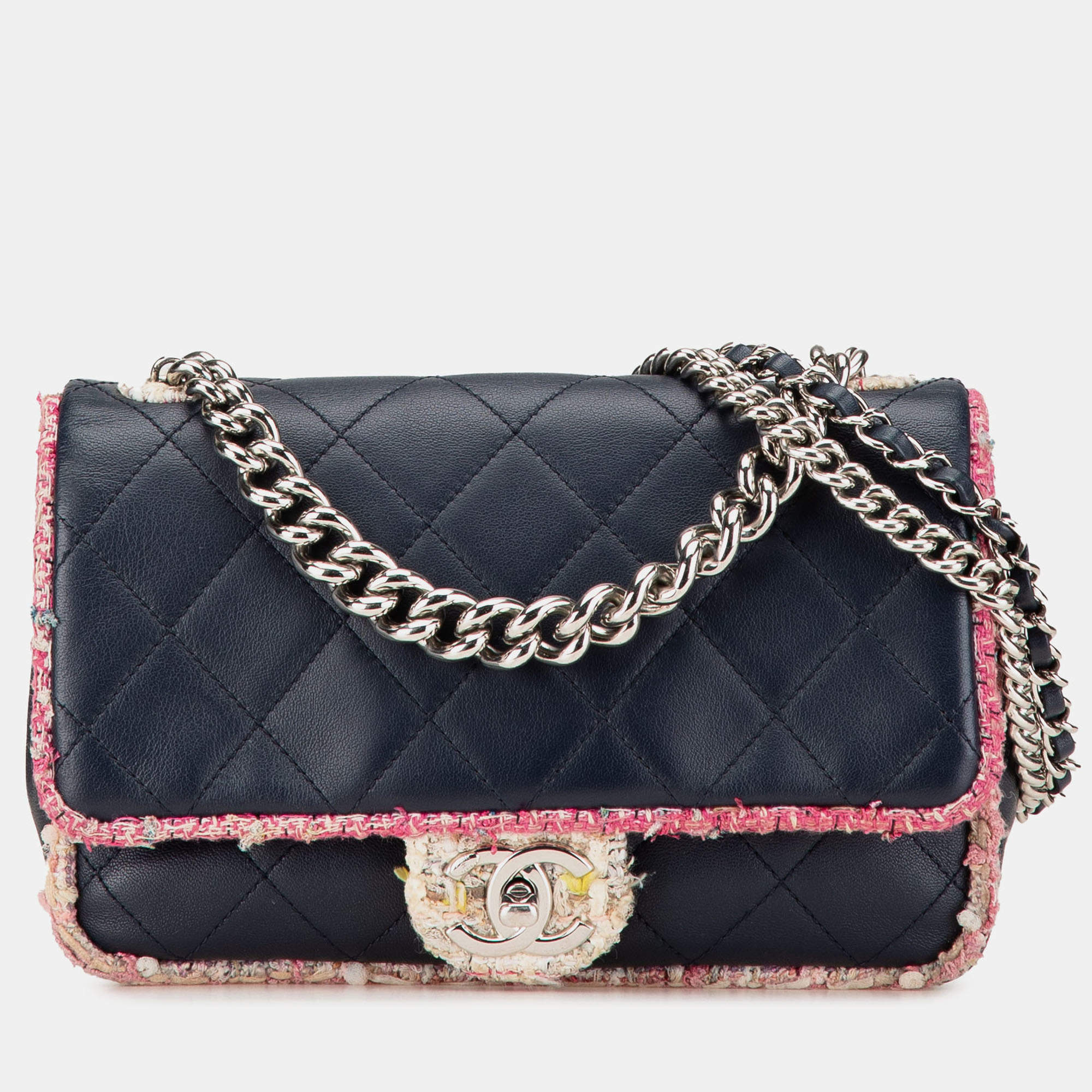 Pre Owned Chanel Blue Quilted Lambskin and Tweed Elegant Trim Flap
