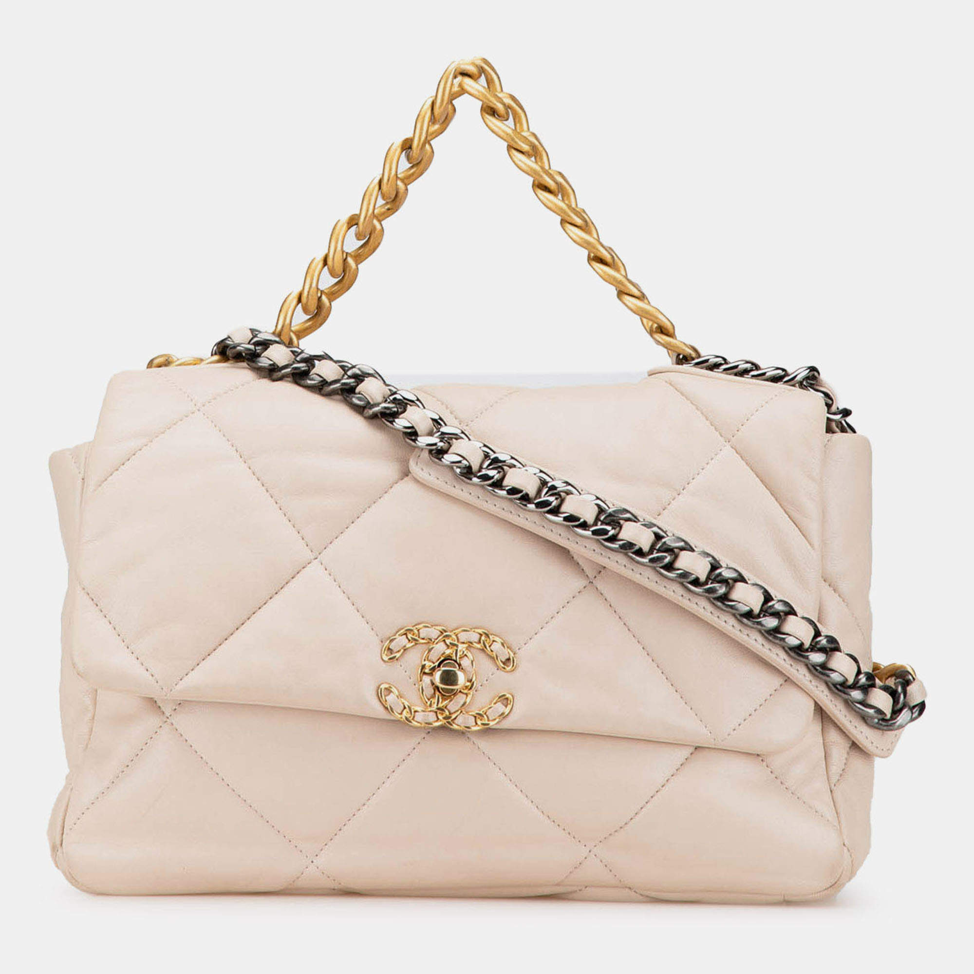 Pre Owned Chanel Cream Large Lambskin 19 Flap