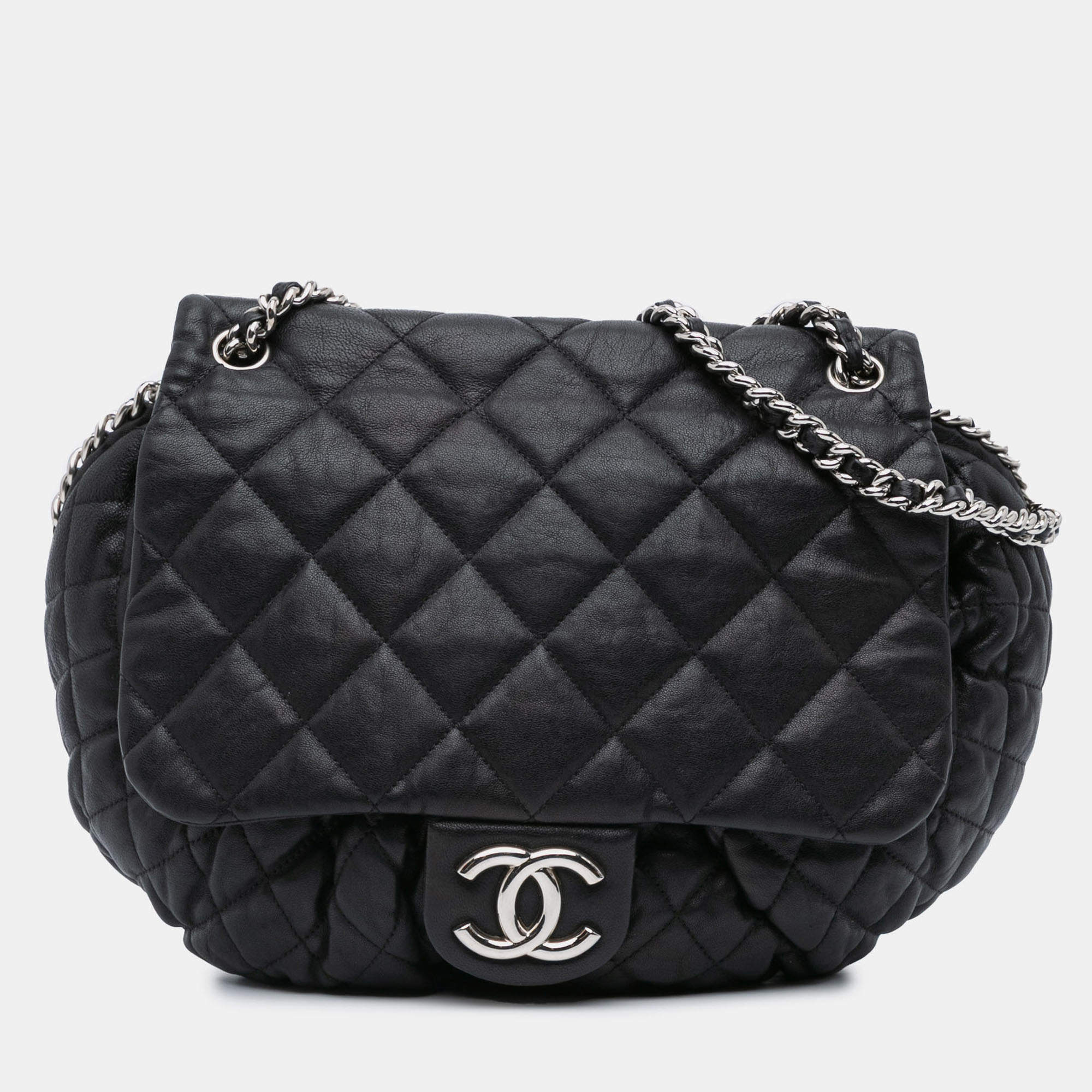 Pre Owned Chanel Black Large Lambskin Chain Around Flap