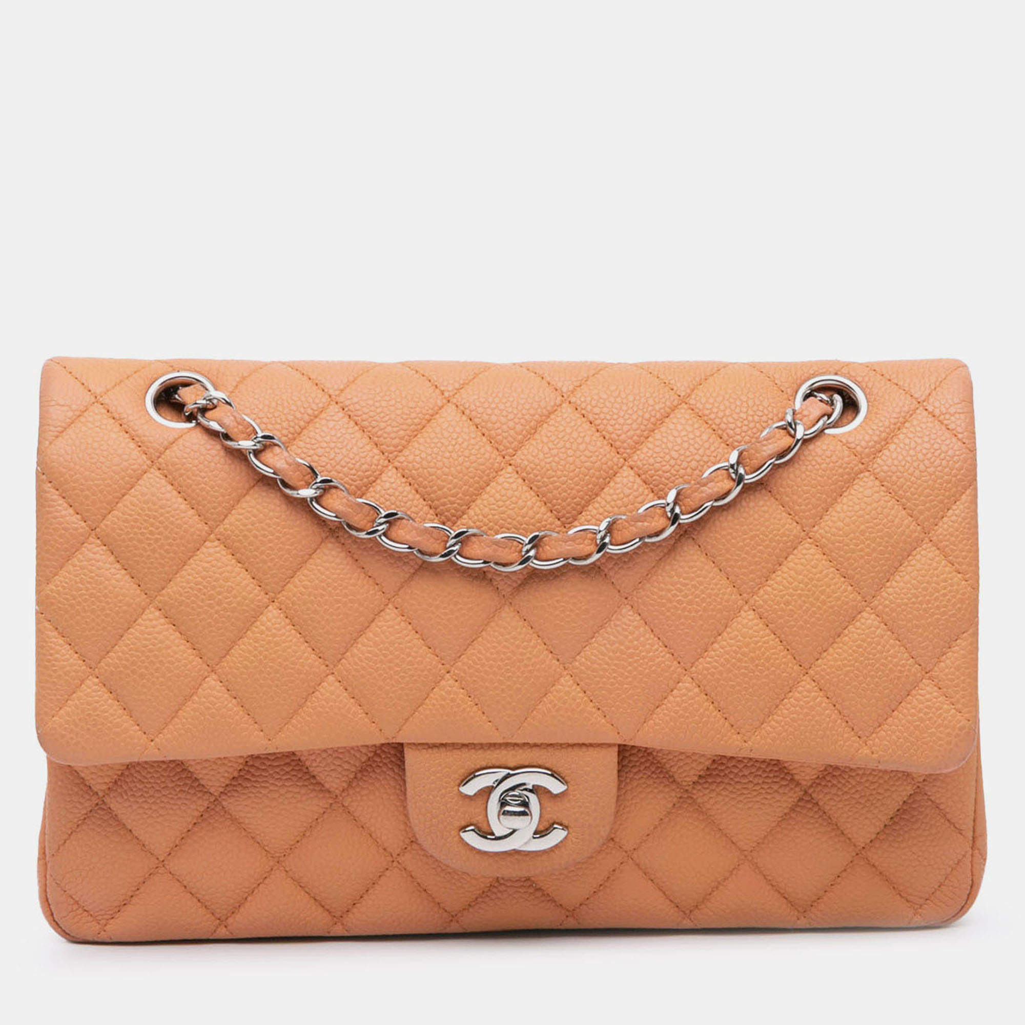 Pre Owned Chanel Orange Medium Classic Caviar Double Flap