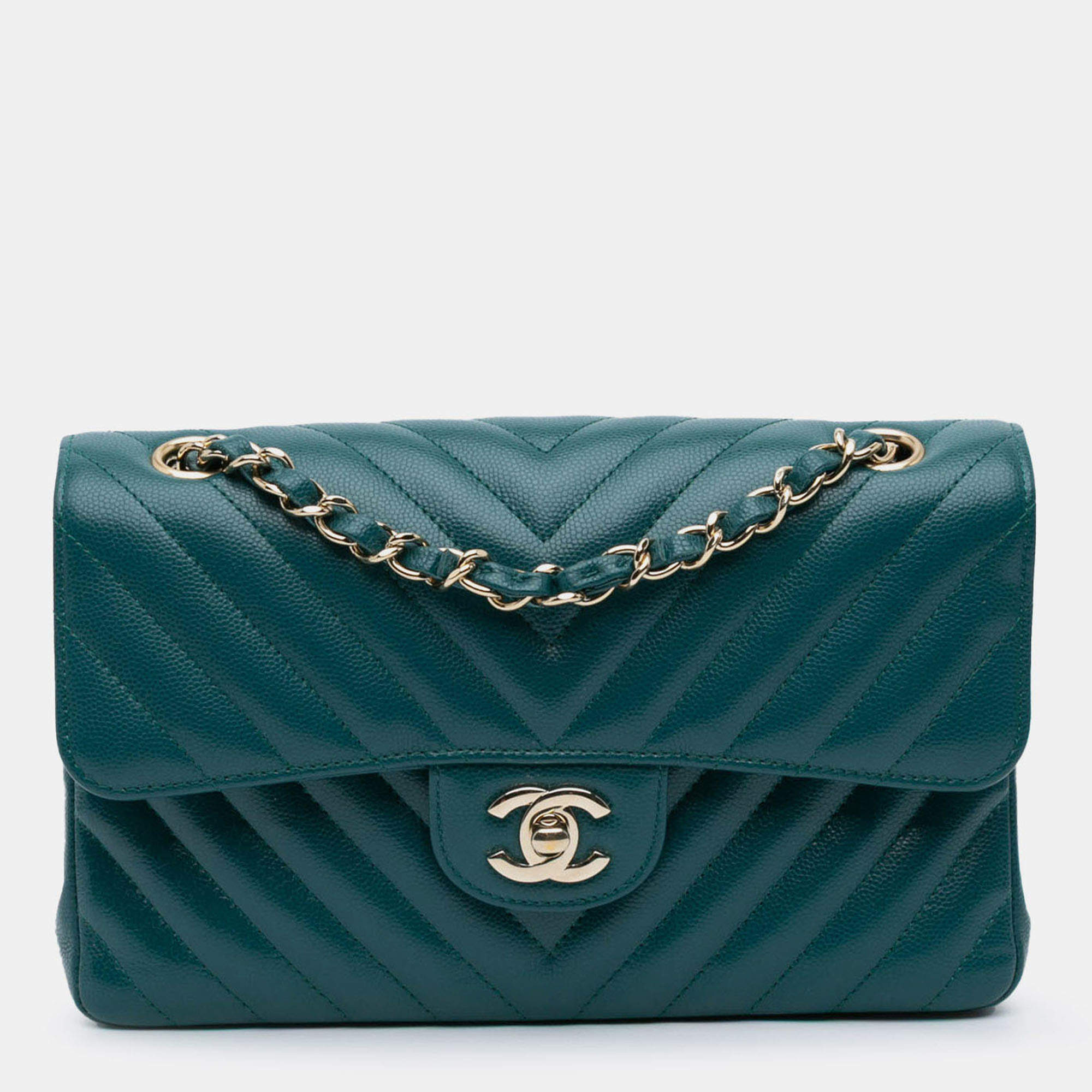 Pre Owned Chanel Blue Small Classic Chevron Caviar Double Flap