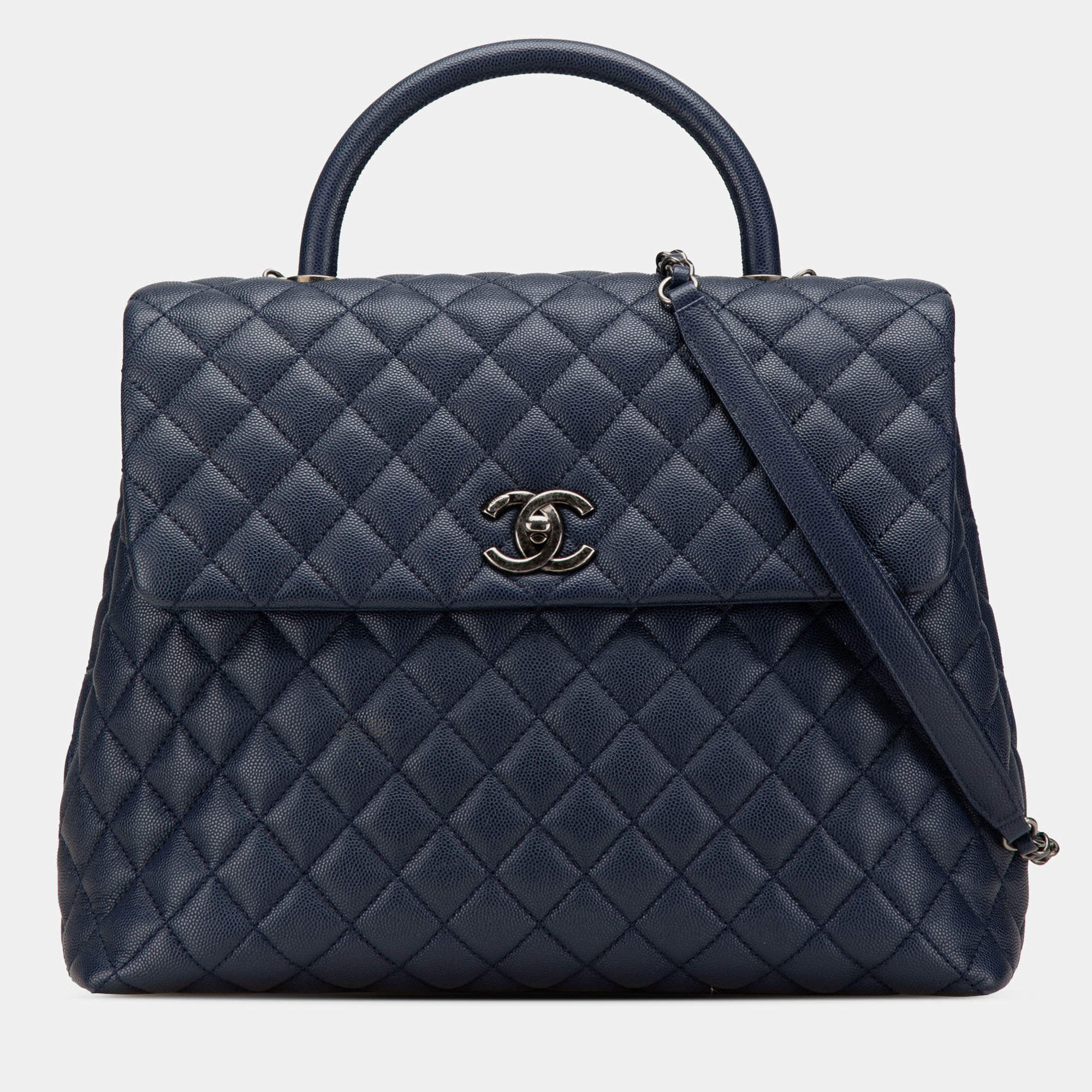 Pre Owned Chanel Navy Blue Large Caviar Coco Top Handle Bag