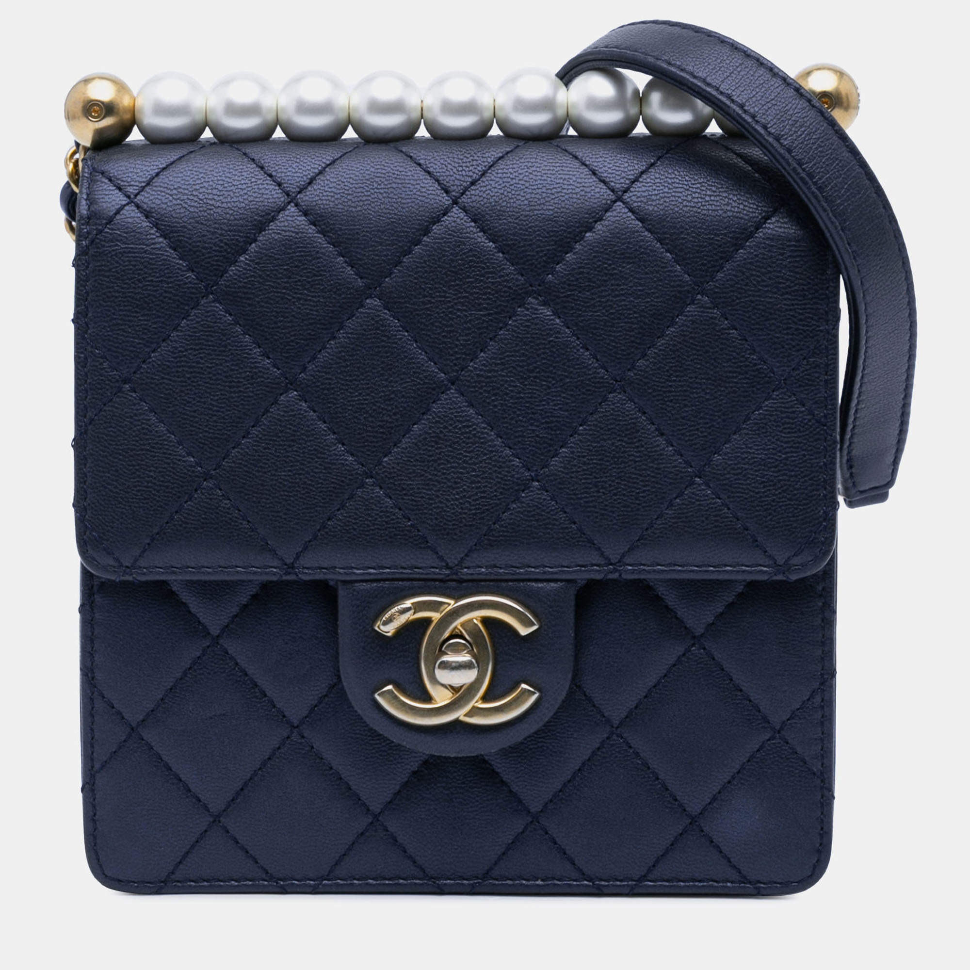 Pre Owned Chanel Navy Blue Small Lambskin Chic Pearls Flap