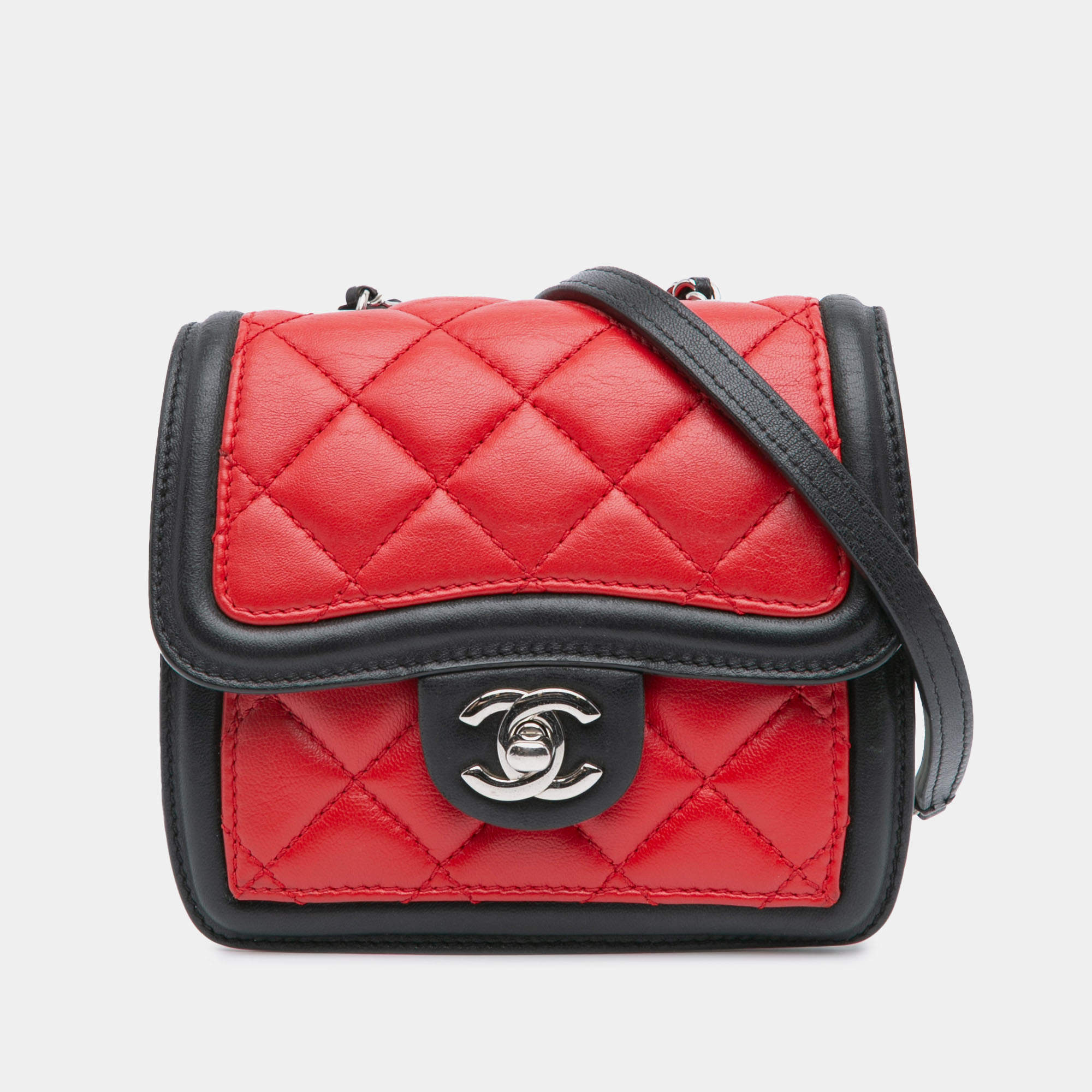 Pre Owned Chanel Black Red Mini Square Lambskin Graphic Flap Crossbody