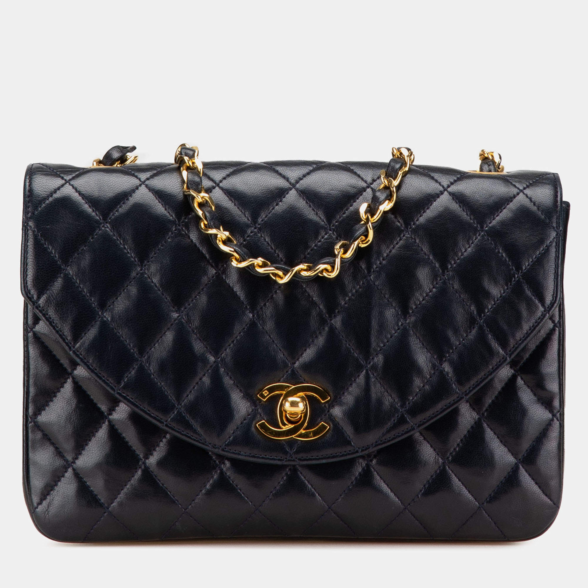 Pre Owned Chanel Navy Blue CC Quilted Lambskin Round Flap