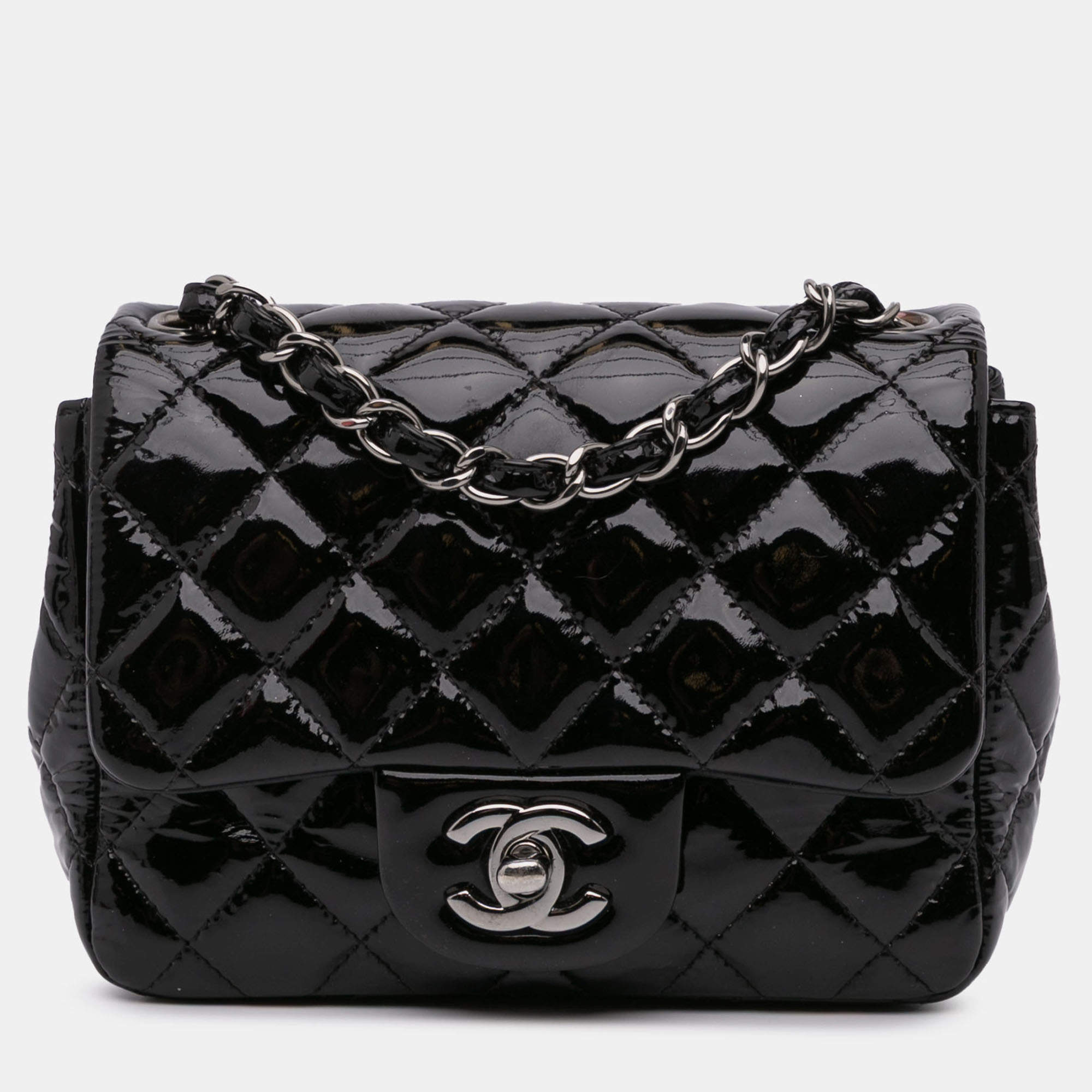Pre Owned Chanel Black Mini Square Classic Patent Single Flap
