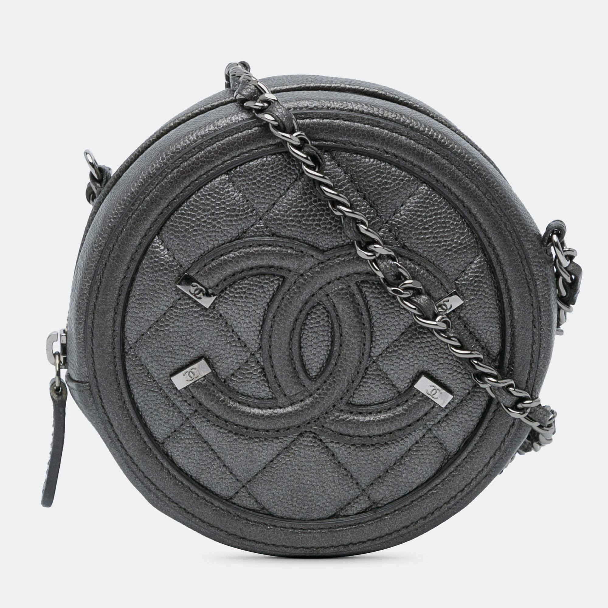 Pre Owned Chanel Black Metallic Caviar CC Filigree Round Clutch with Chain
