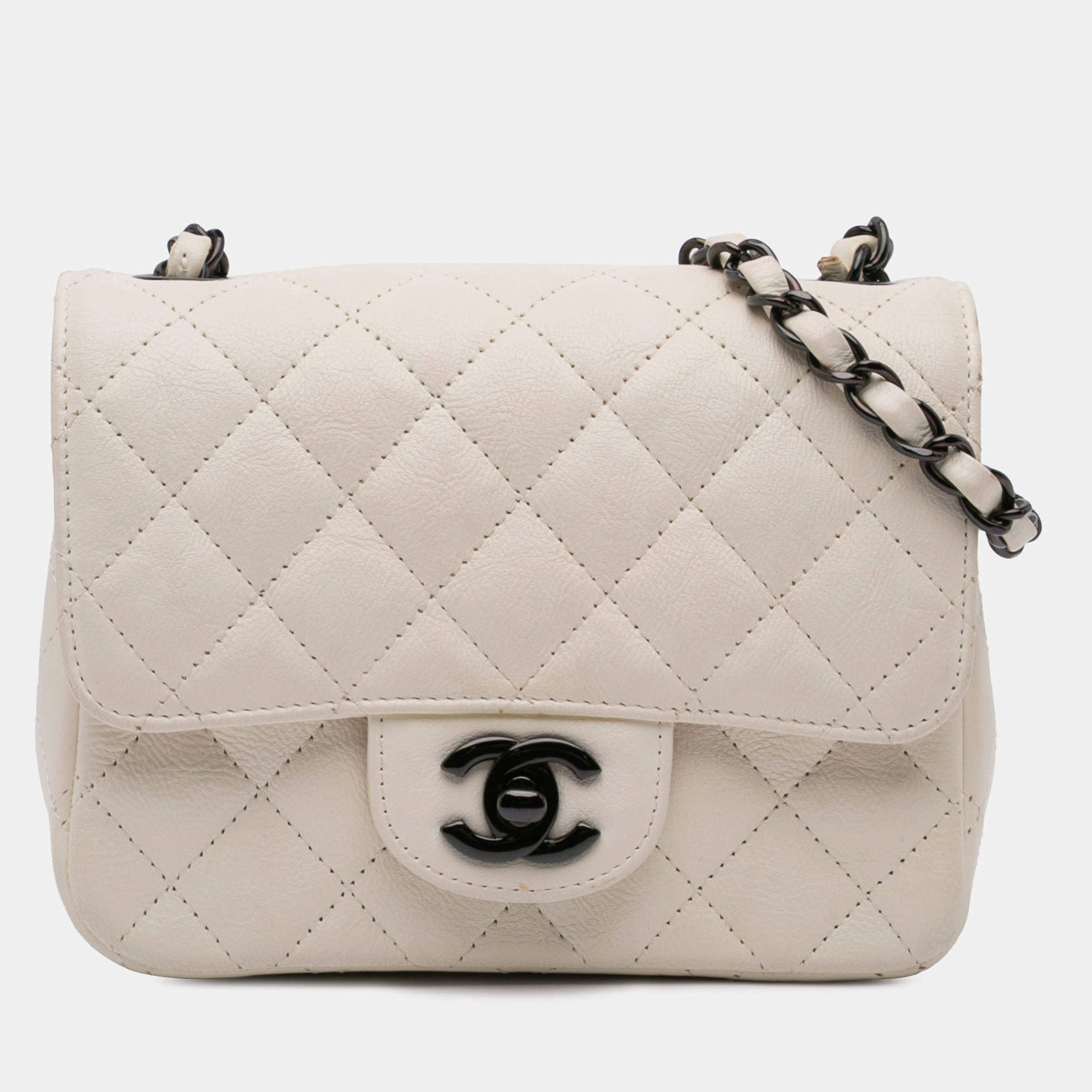 Pre Owned Chanel White Mini Square Classic Crumpled Calfskin Single Flap