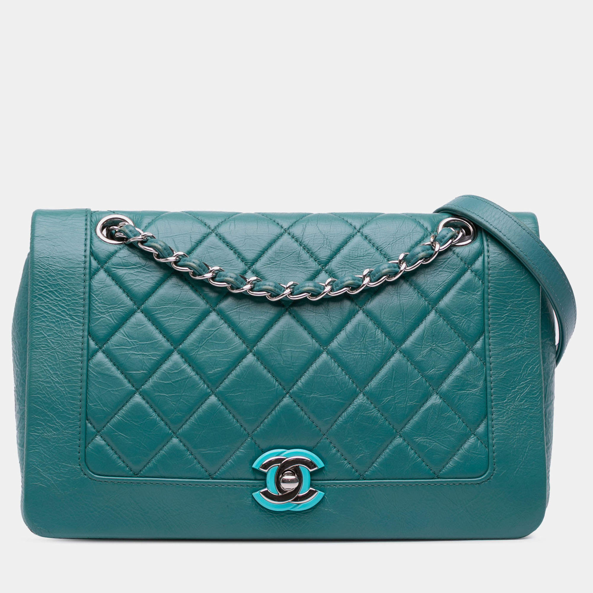 Pre Owned Chanel Blue Medium Crumpled Calfskin Bi Vintage Full Flap