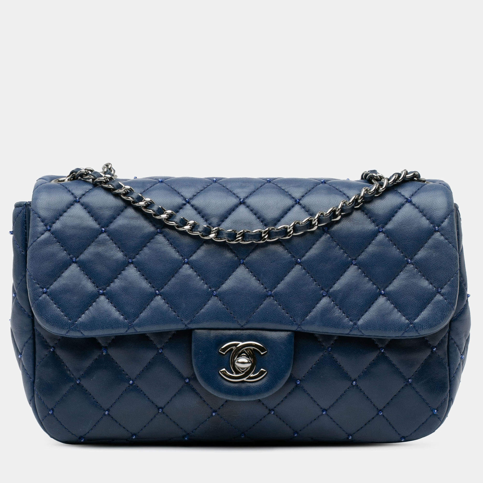 Pre Owned Chanel Navy Blue Small Quilted Lambskin Beaded Single Flap