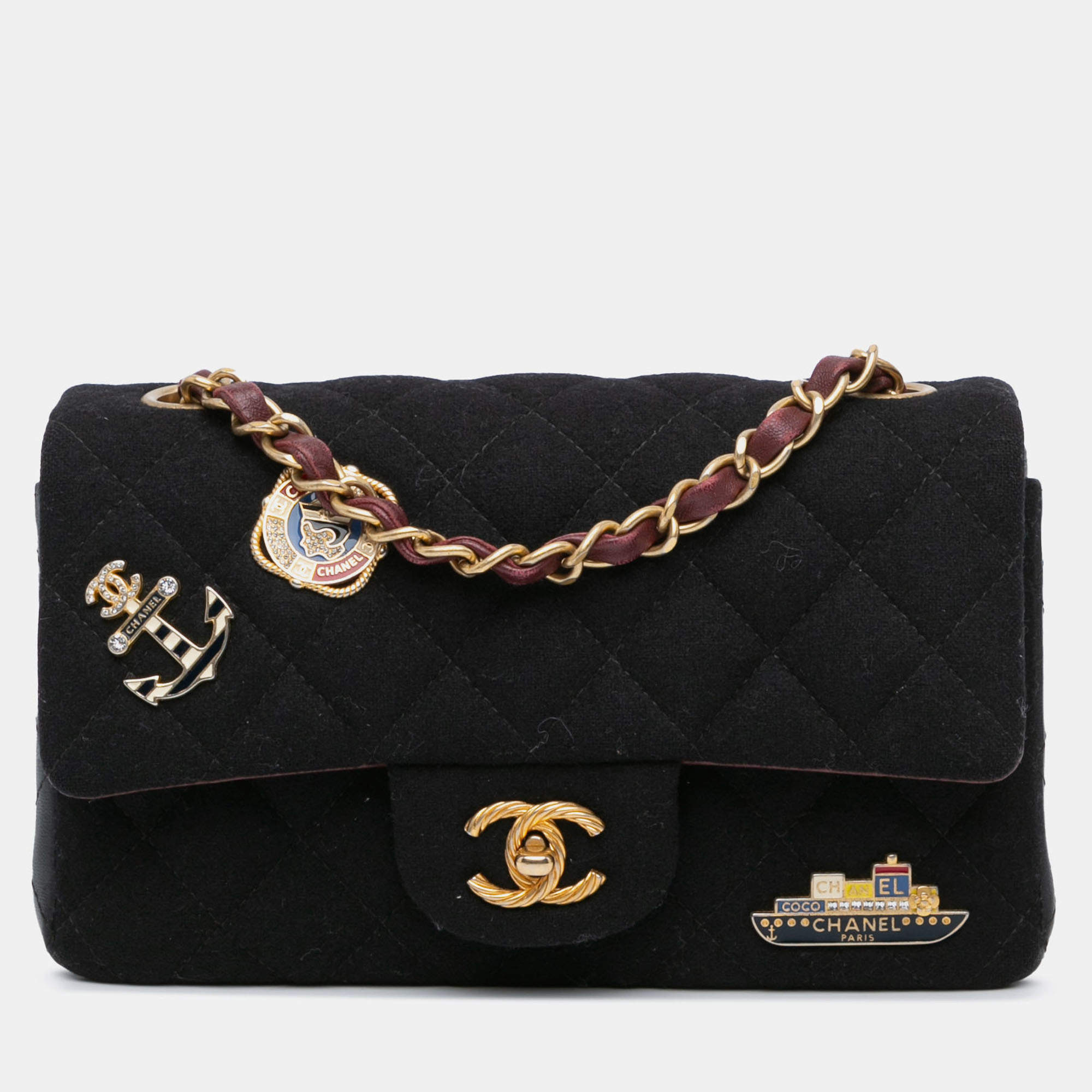 Pre Owned Chanel Black Paris Hamburg Mini Rectangular Classic Wool Coco Sailor Charms Double Flap