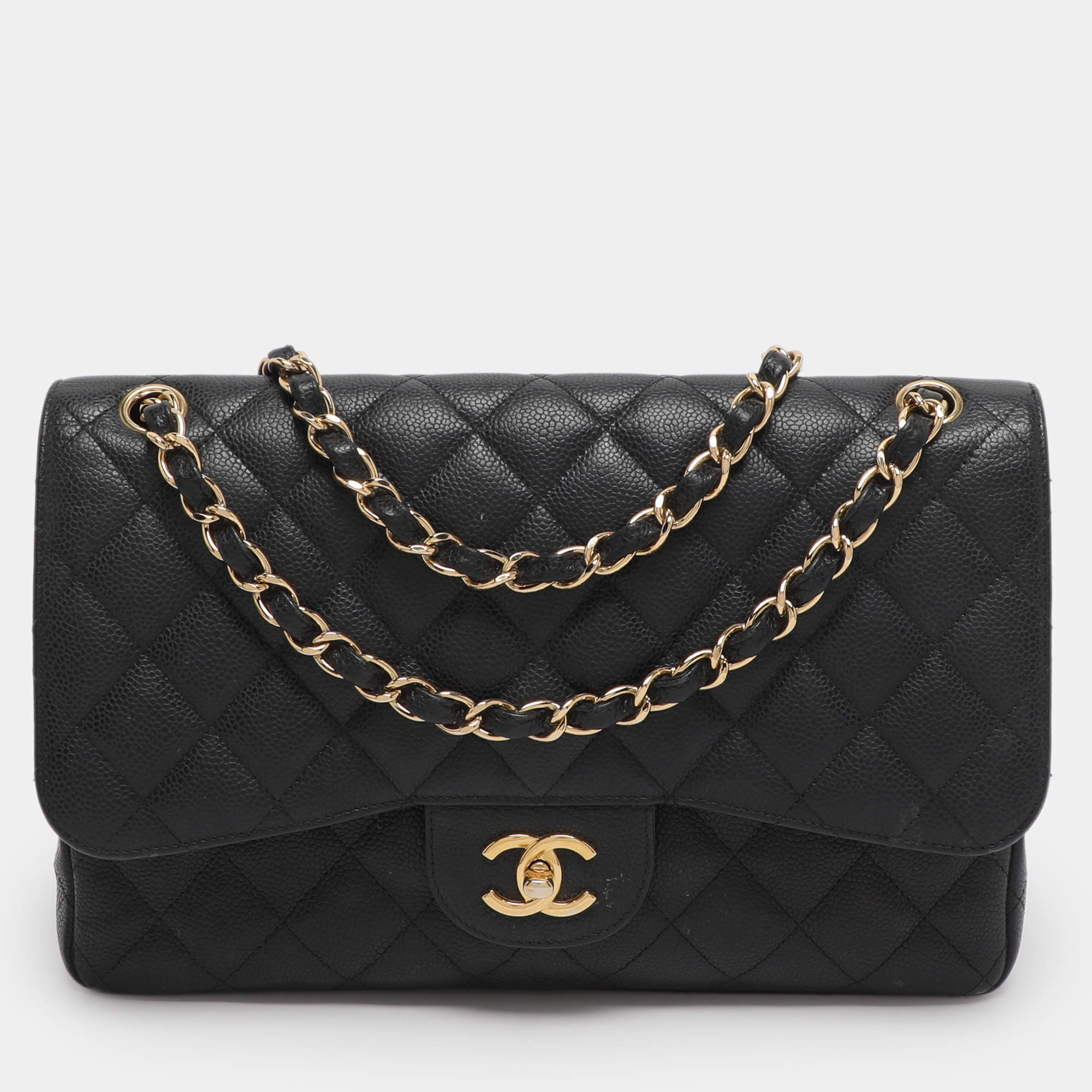 Pre Owned Chanel Black Quilted Caviar Leather Jumbo Classic Double Flap Bag