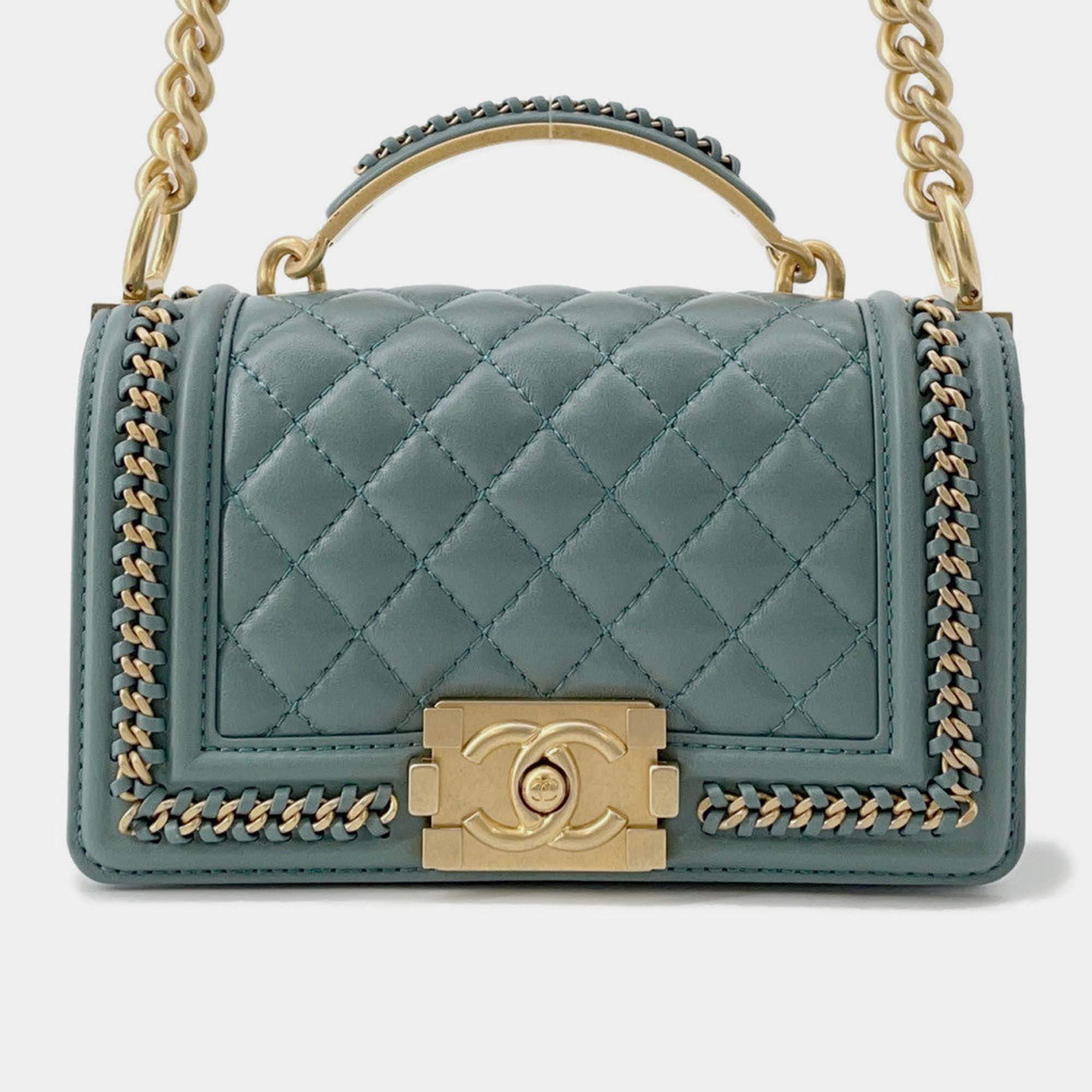 Pre Owned Chanel Boy Chanel Blue/Green Lambskin Size 20