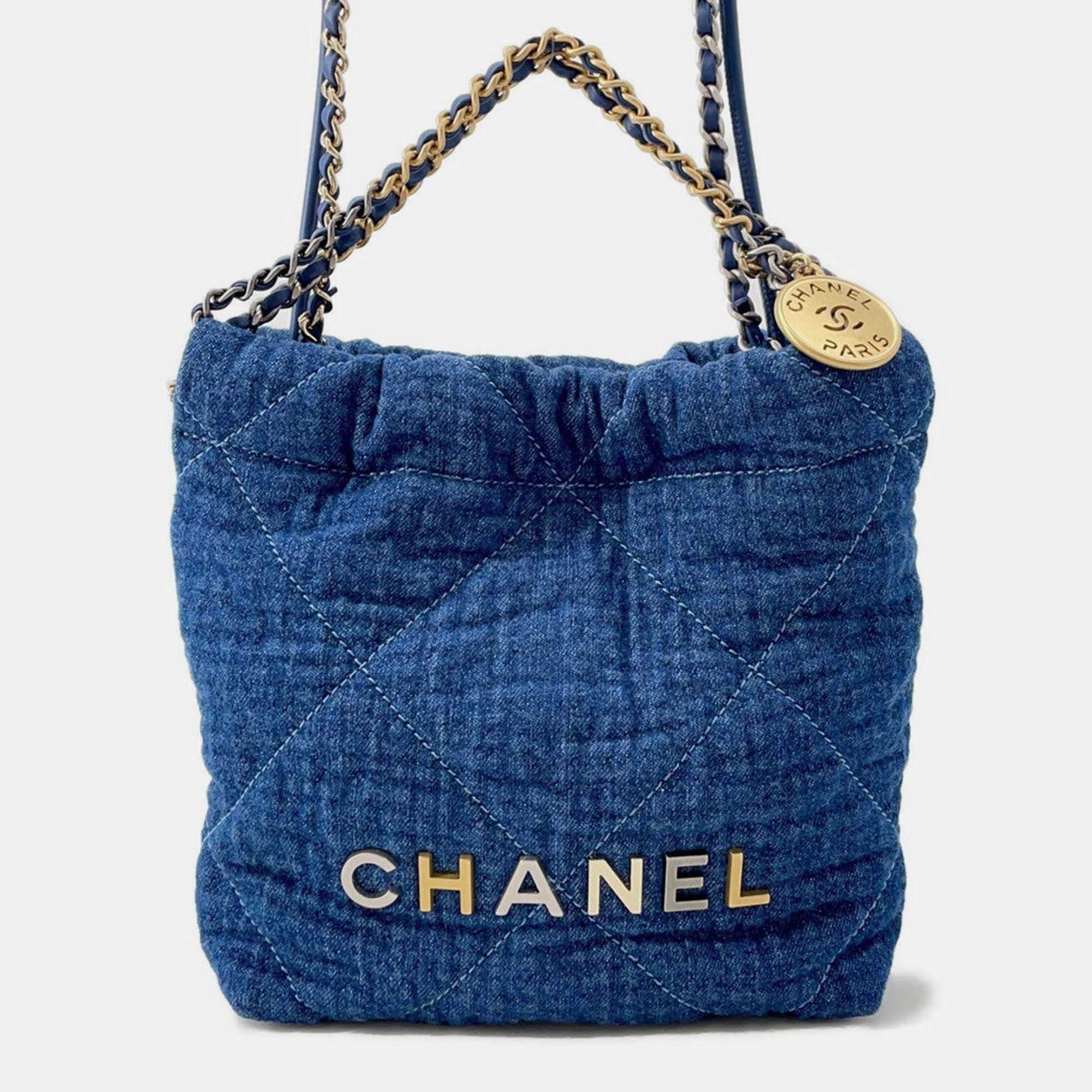 Pre Owned Chanel Chanel 22 Blue Denim Mini Handbag