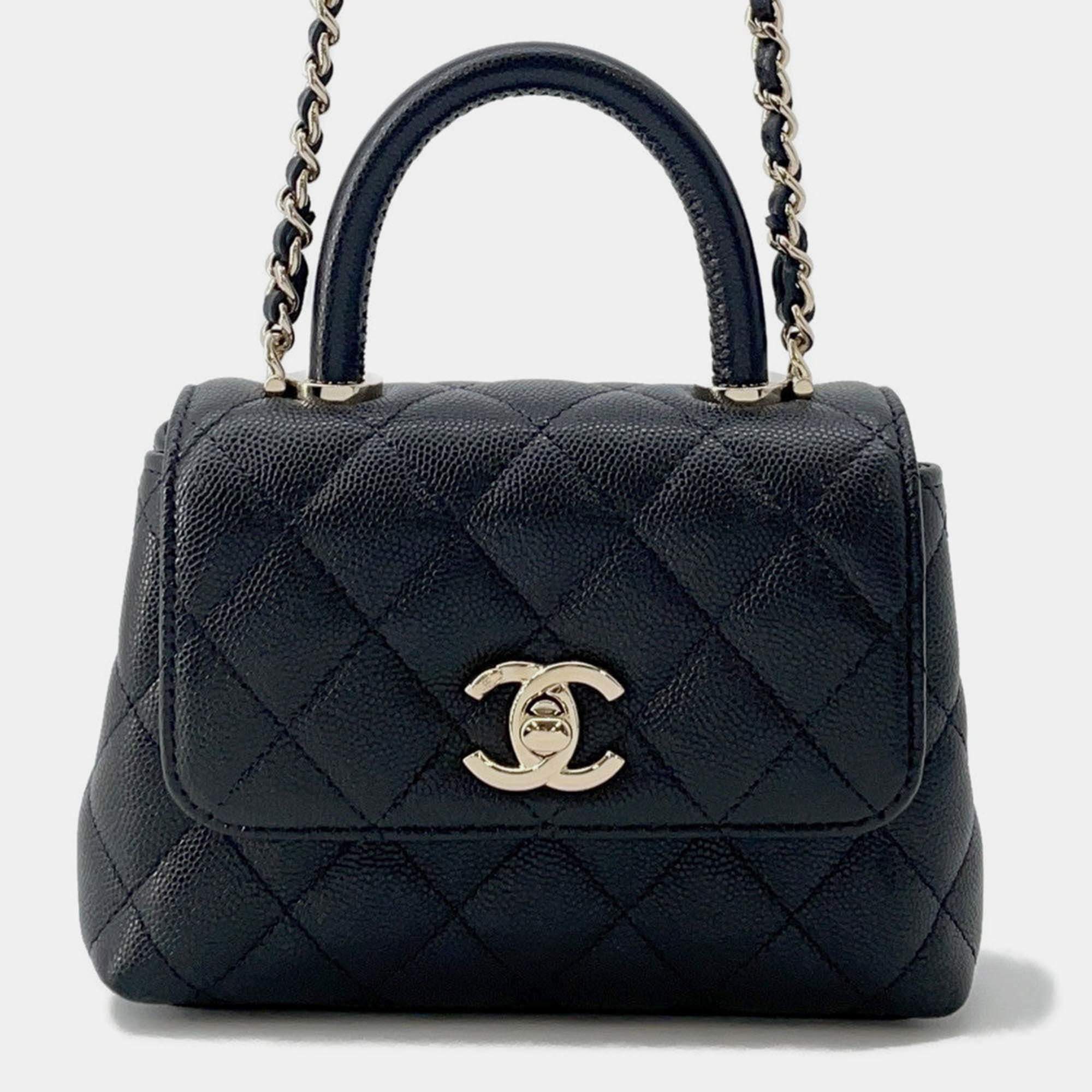 Pre Owned Chanel Matelasse Coco  Black Caviar Leather Mini Handle