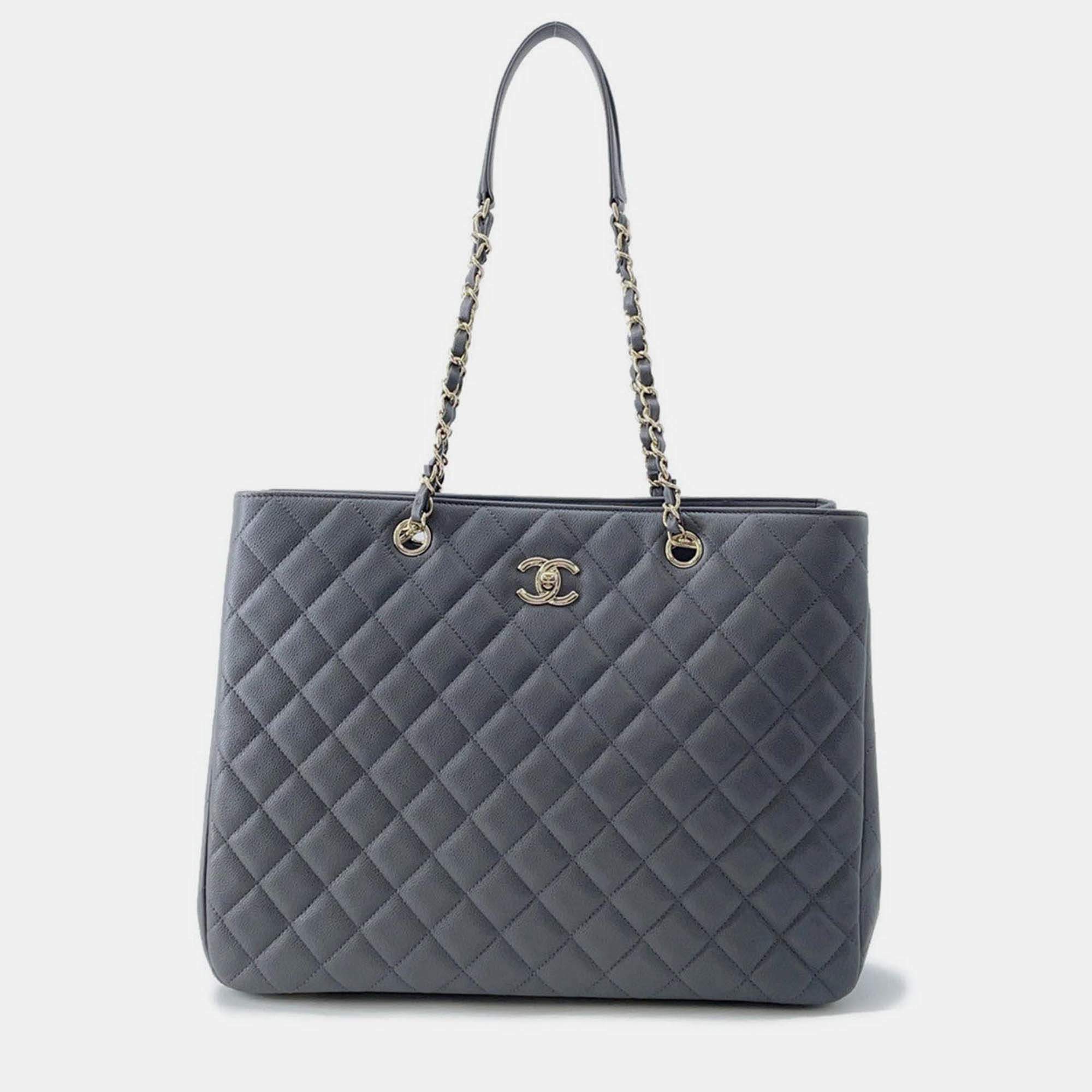Pre Owned Chanel Matelasse Chaintote Gray Caviar Leather Bag 
