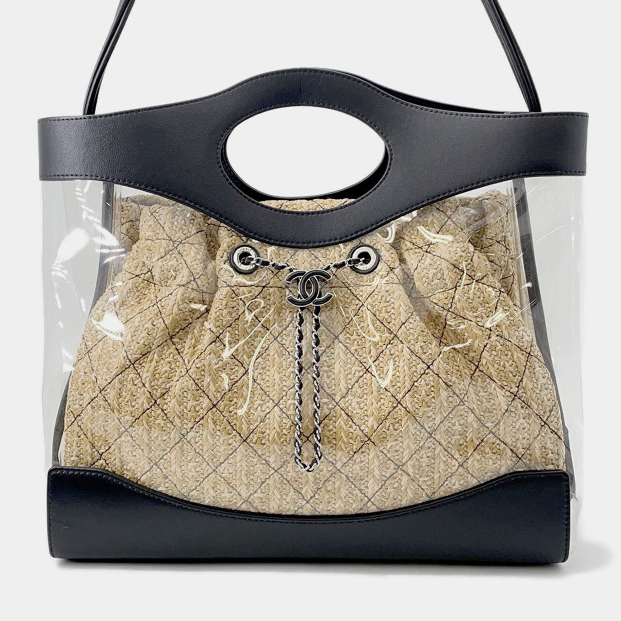 Pre Owned Chanel Matelasse 2-Way Tote Transparent/Black/Beige Plastics Leather Raffia