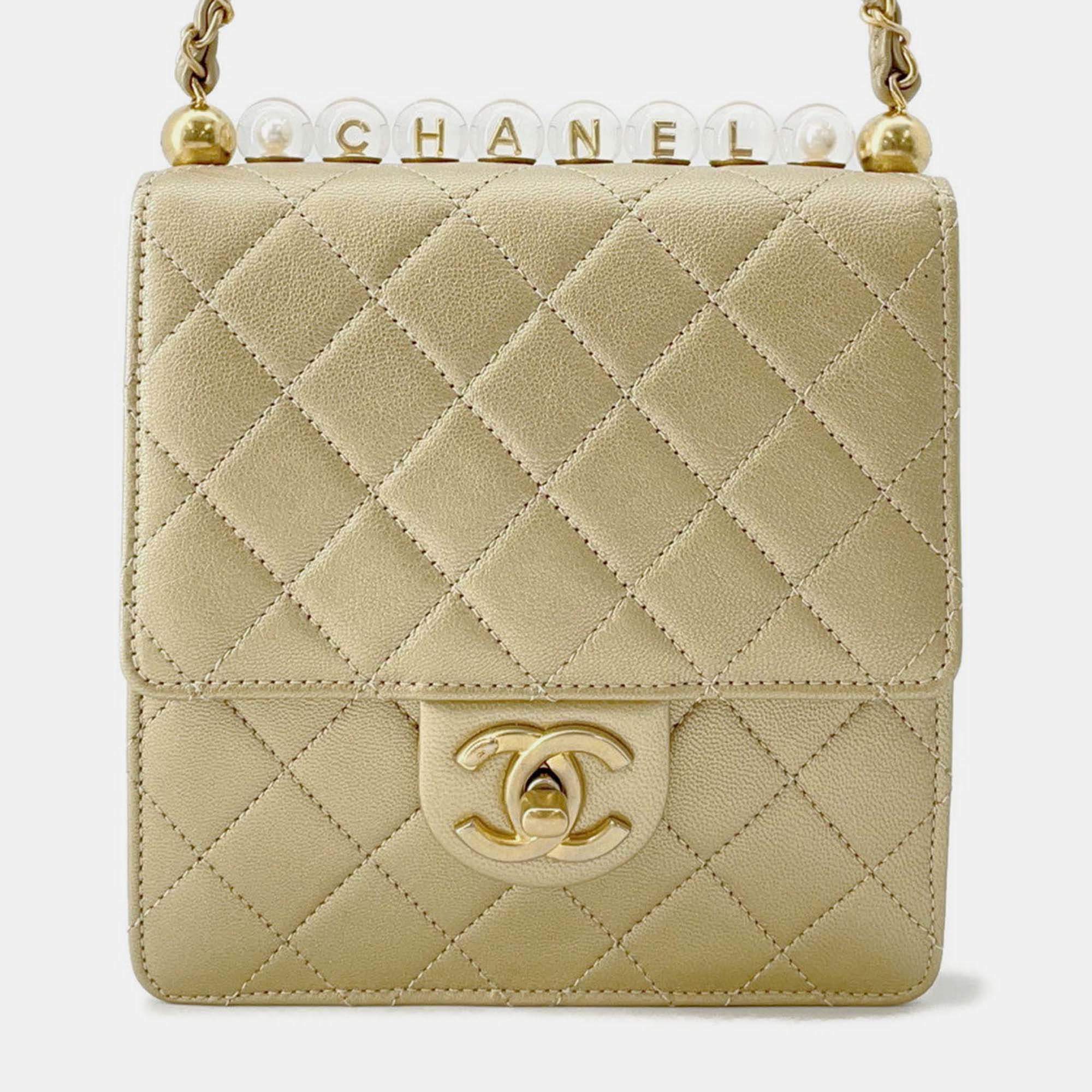 Pre Owned Chanel Matelasse Clear Pearl Shoulder Bag Gold Goatskin Leather