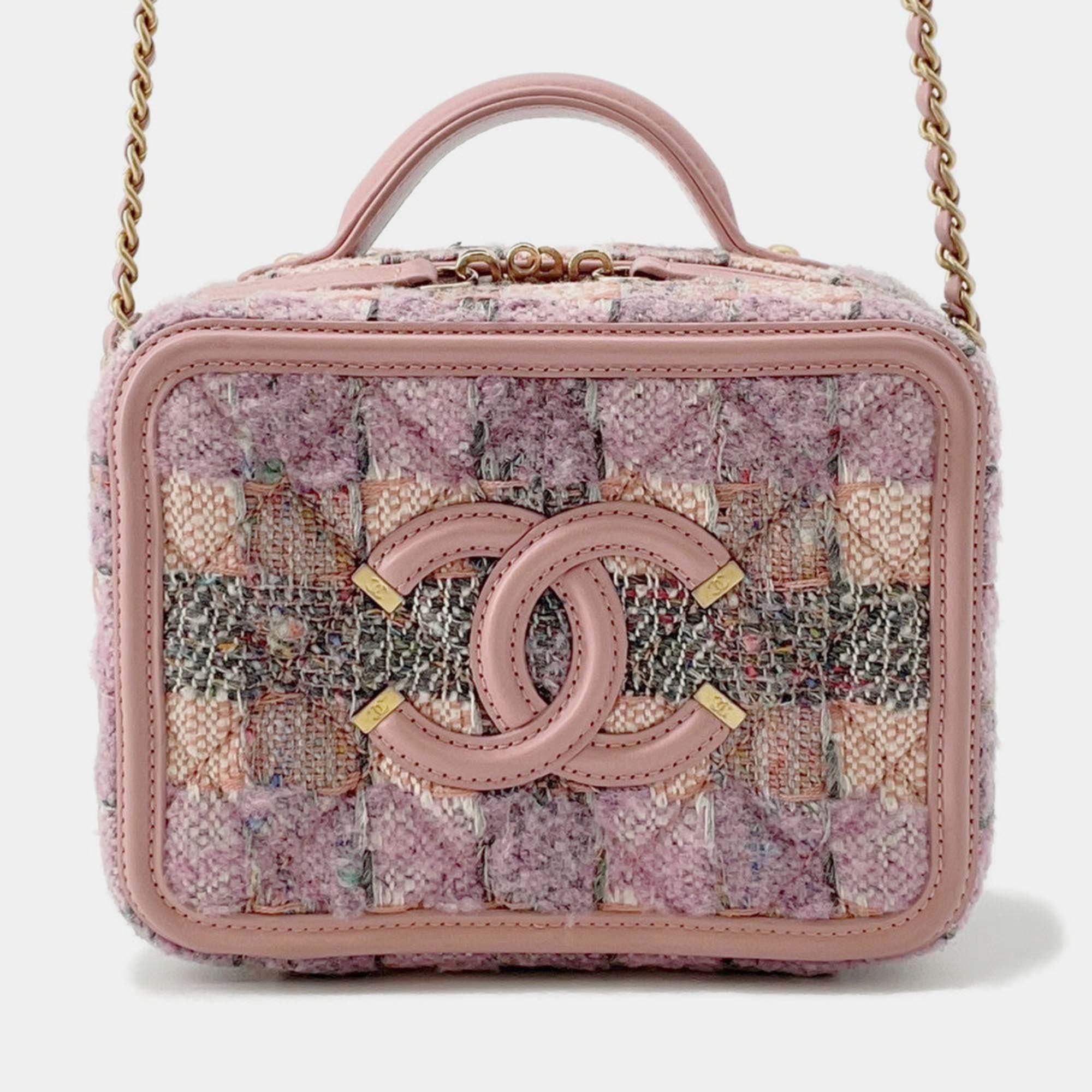 Pre Owned Chanel Ccfiligree Vanity Bag Pink/Multicolor Tweed Leather Size Small