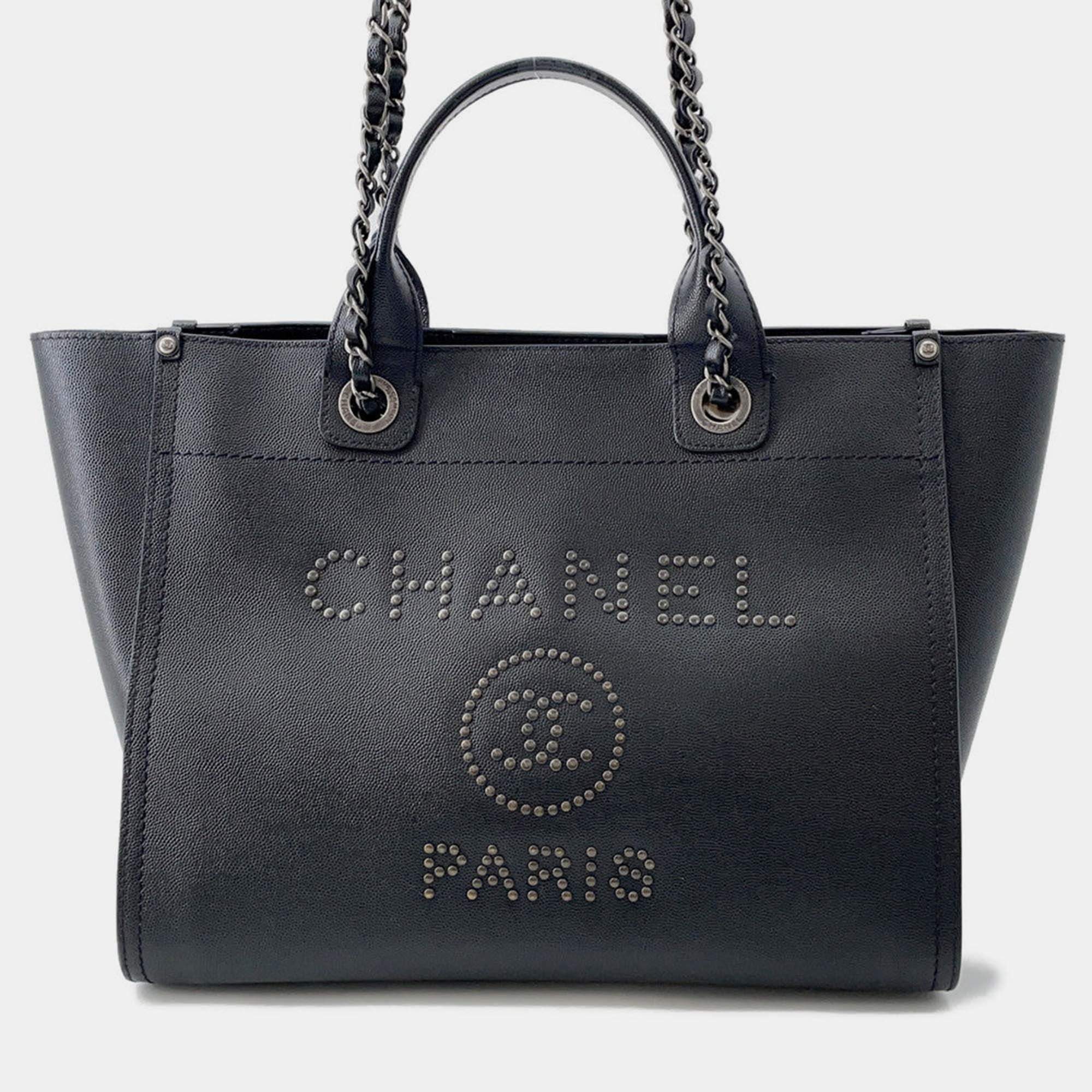 Pre Owned Chanel Deauville Chain Tote Shopping Bag Black Caviar Leather Size Gm
