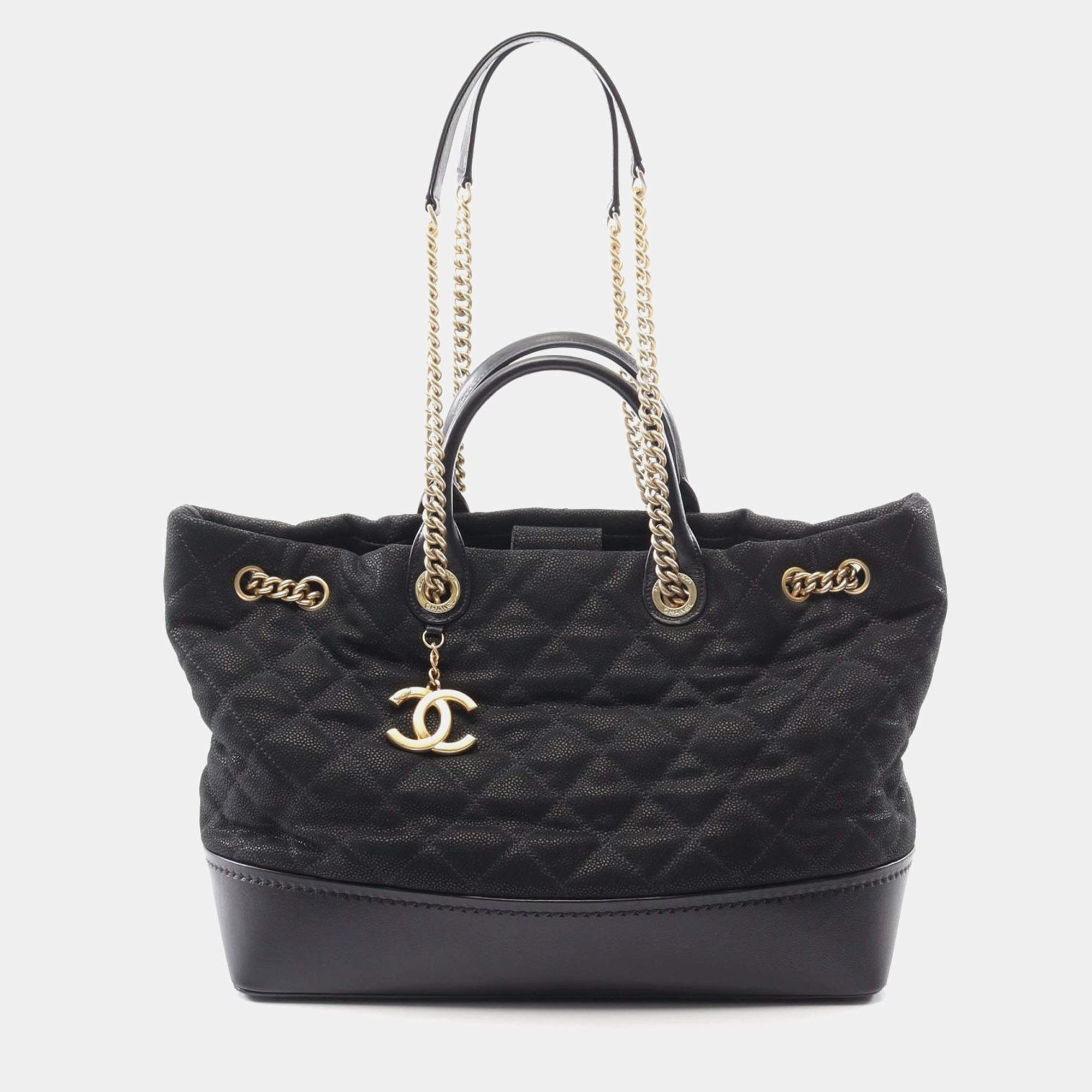 Pre Owned Chanel Matelasse Chain Shoulder Tote Bag Leather Leather Black Cc