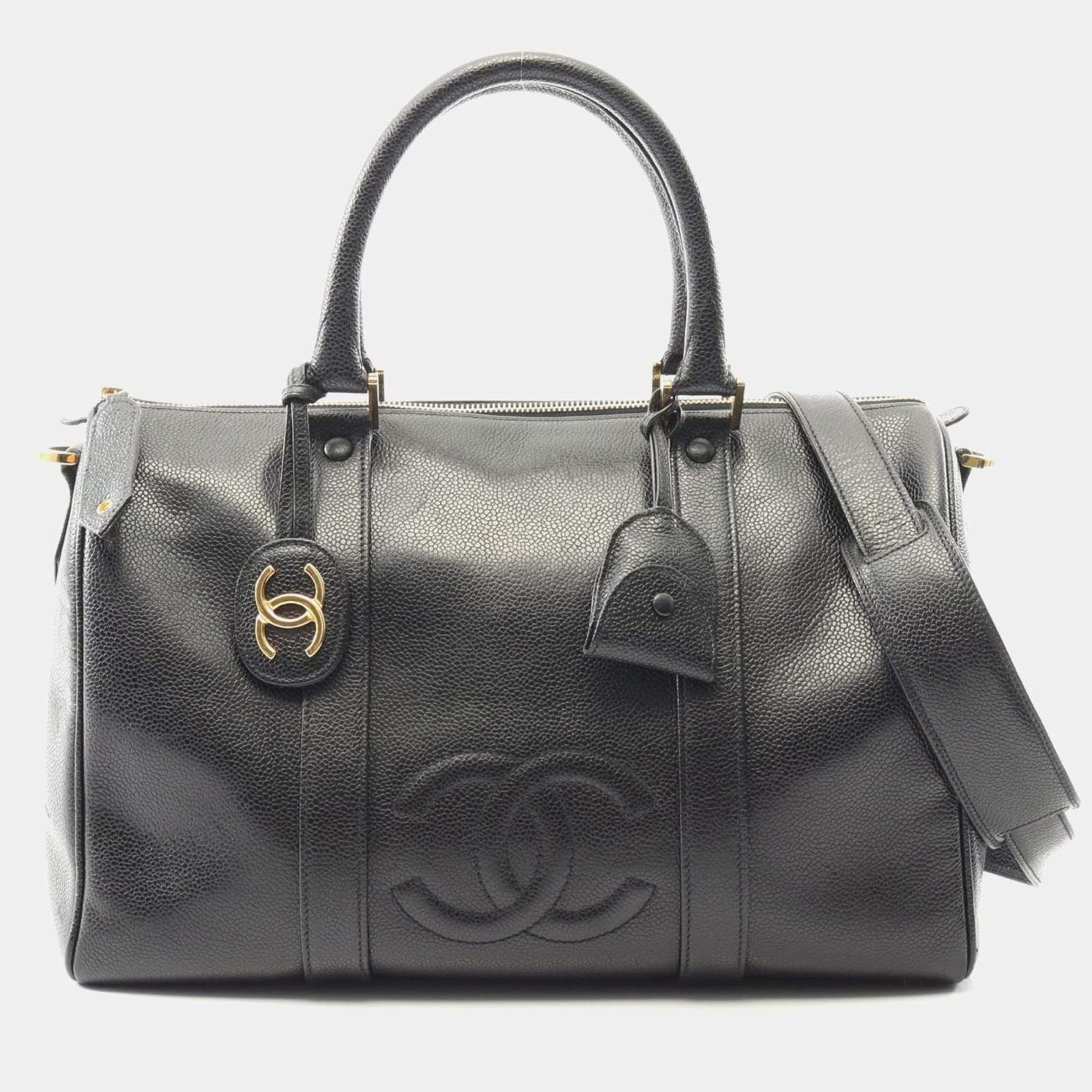 Pre Owned Chanel Jumbo Coco Mark Handbag Calfskin Leather Black