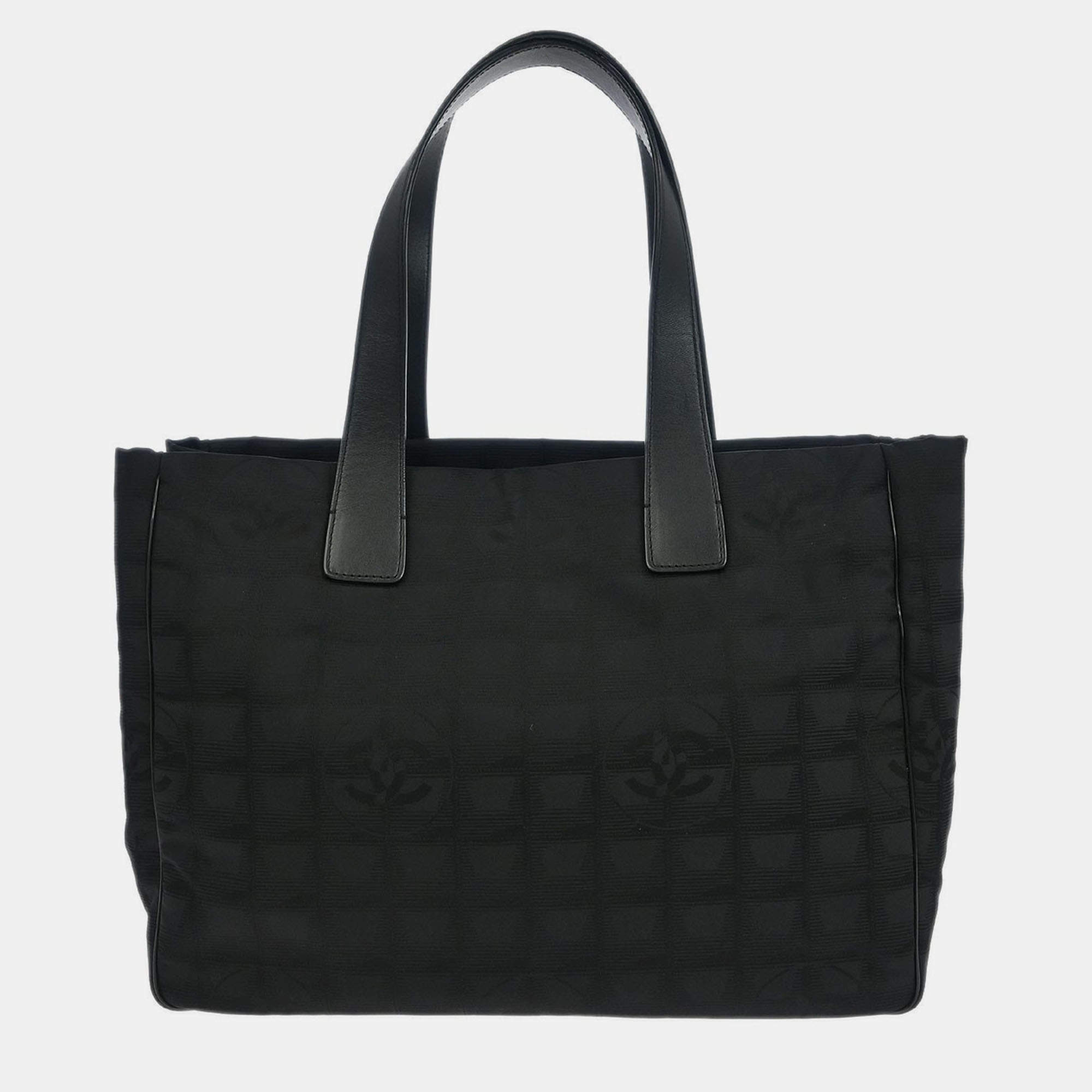 Pre Owned Chanel Black Jacquard Nylon Travel Line Tote Handbag