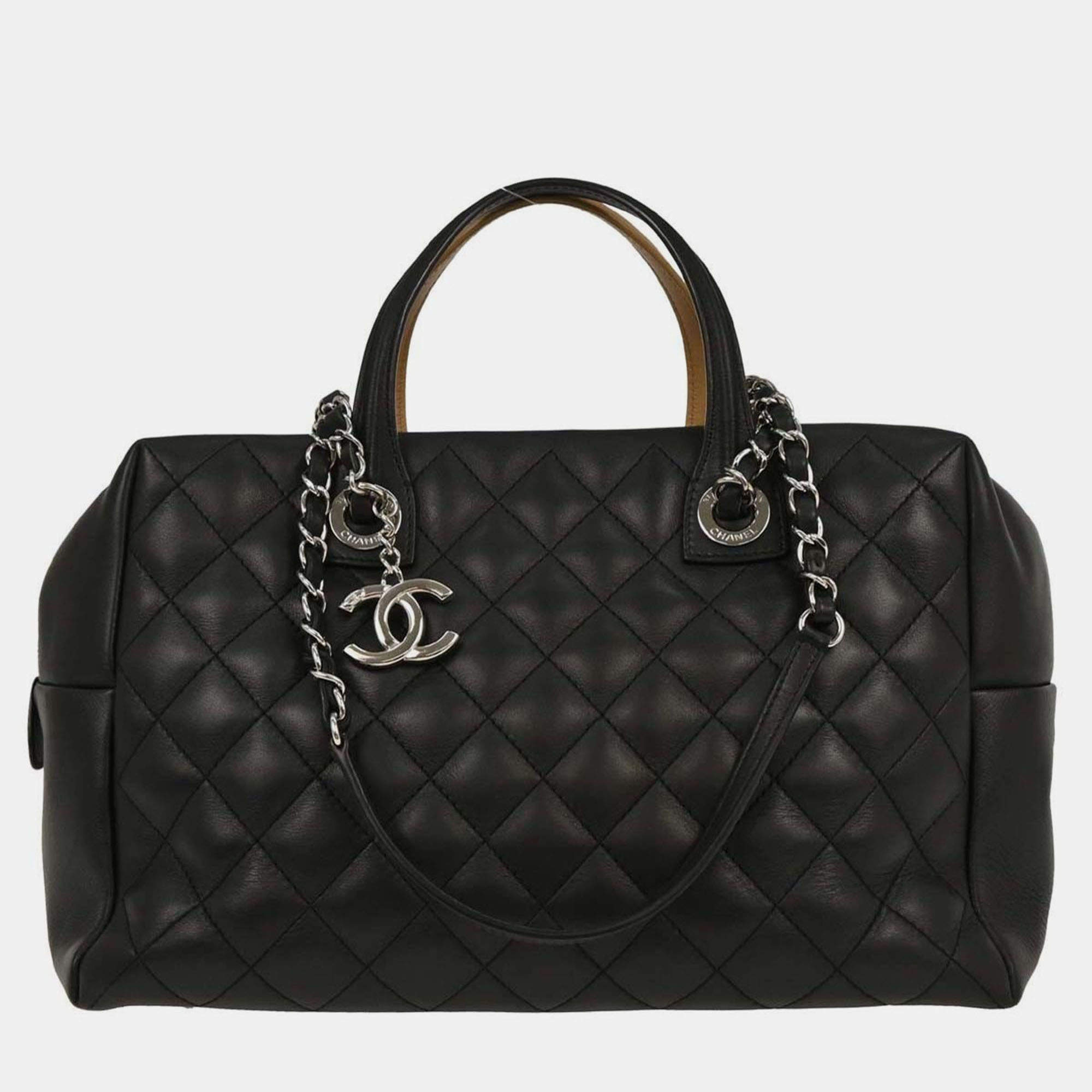 Pre Owned Chanel Black Beige Calfskin Featherweight Bowling Bag