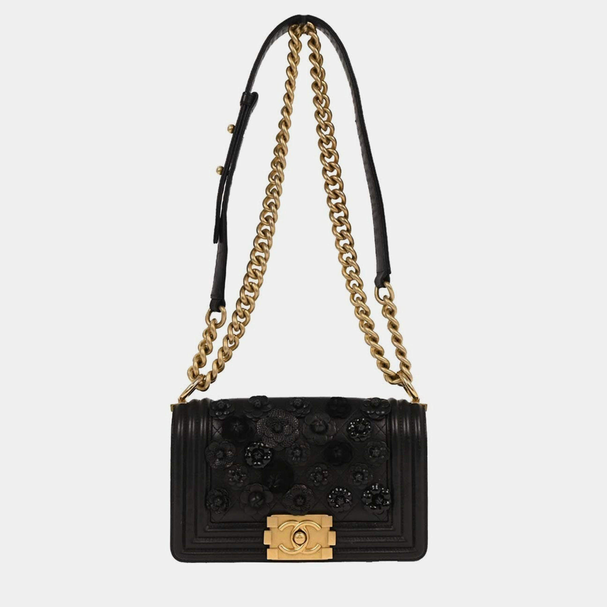 Pre Owned Boy Chanel Black Lambskin Camellia Small Chain Shoulder Bag
