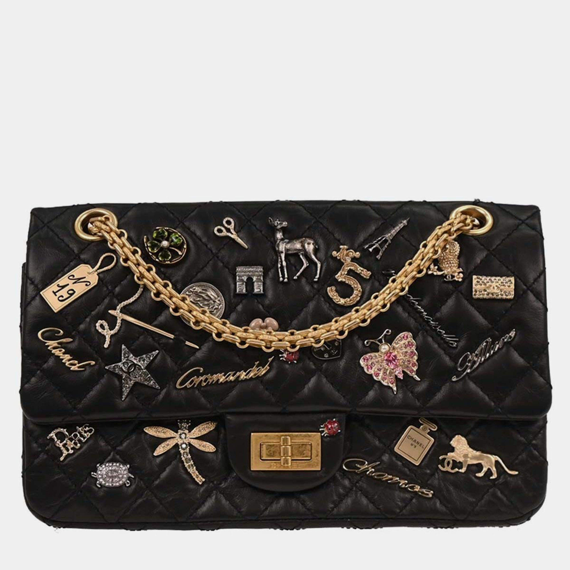 Pre Owned Chanel Black Calfskin 2.55 Lucky Charm Small Classic Double Flap Bag