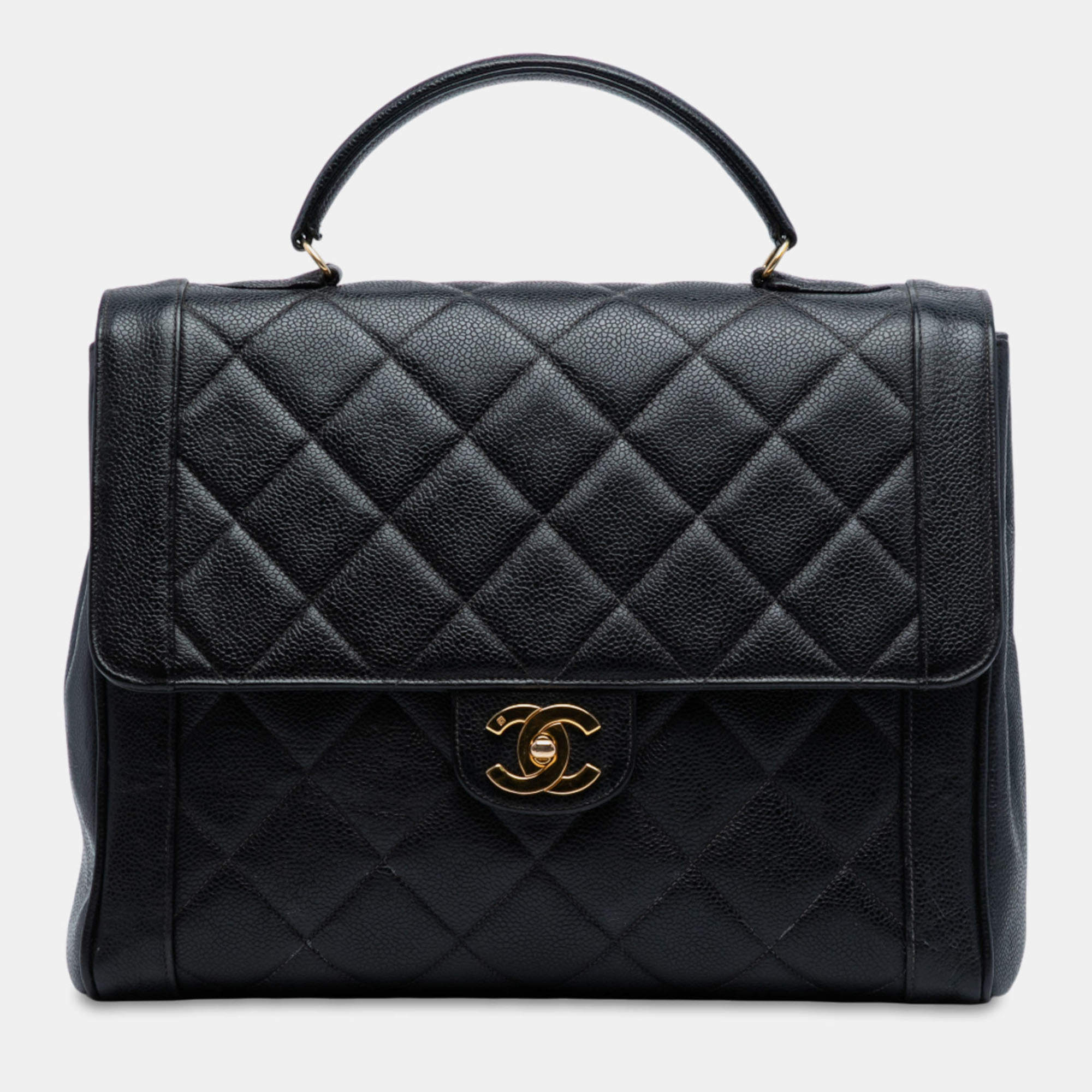 Pre Owned Chanel Black Jumbo CC Quilted Caviar Kelly Top Handle Bag