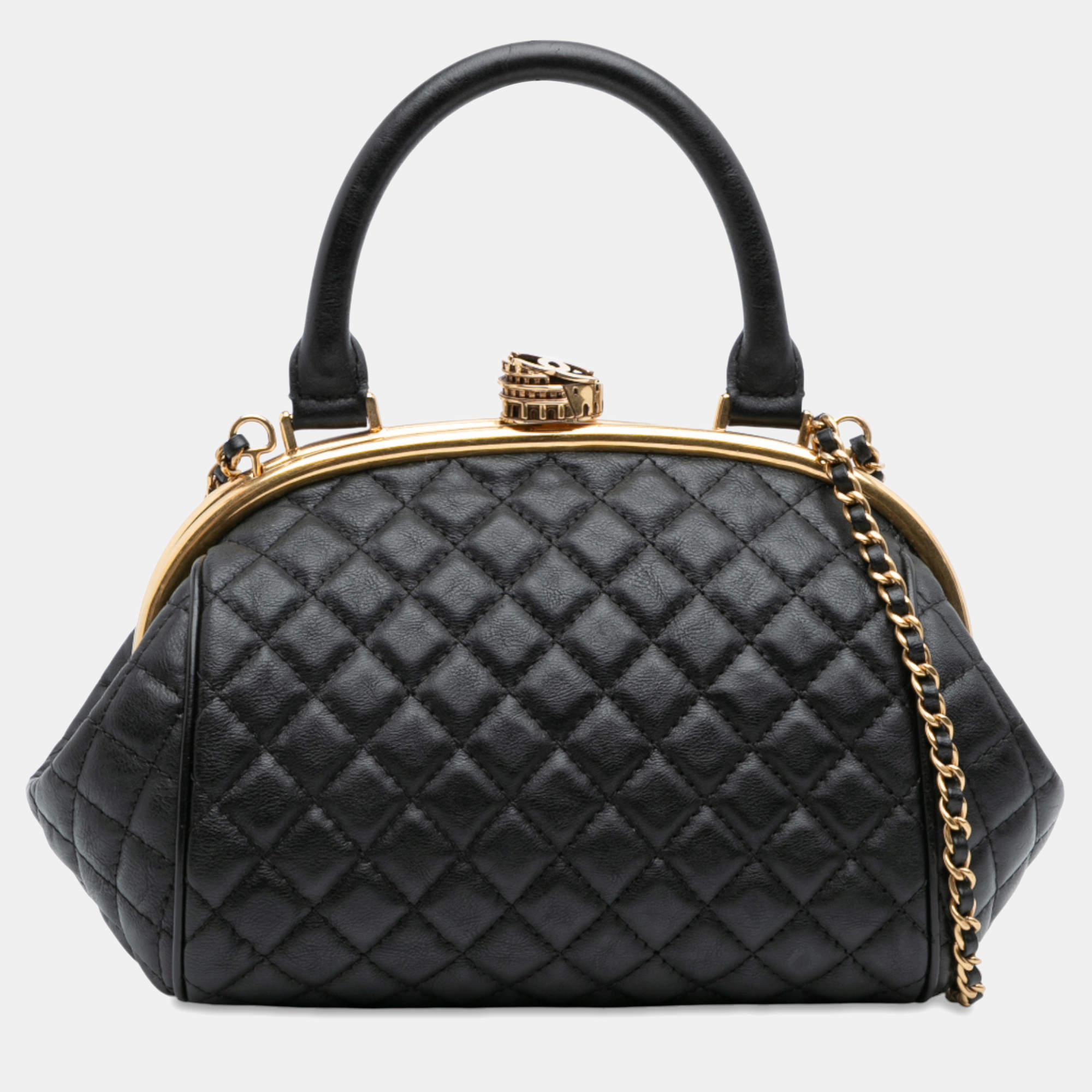 Pre Owned Chanel Black Paris Rome Quilted Calfskin Colosseum Lock Frame Bowling Bag
