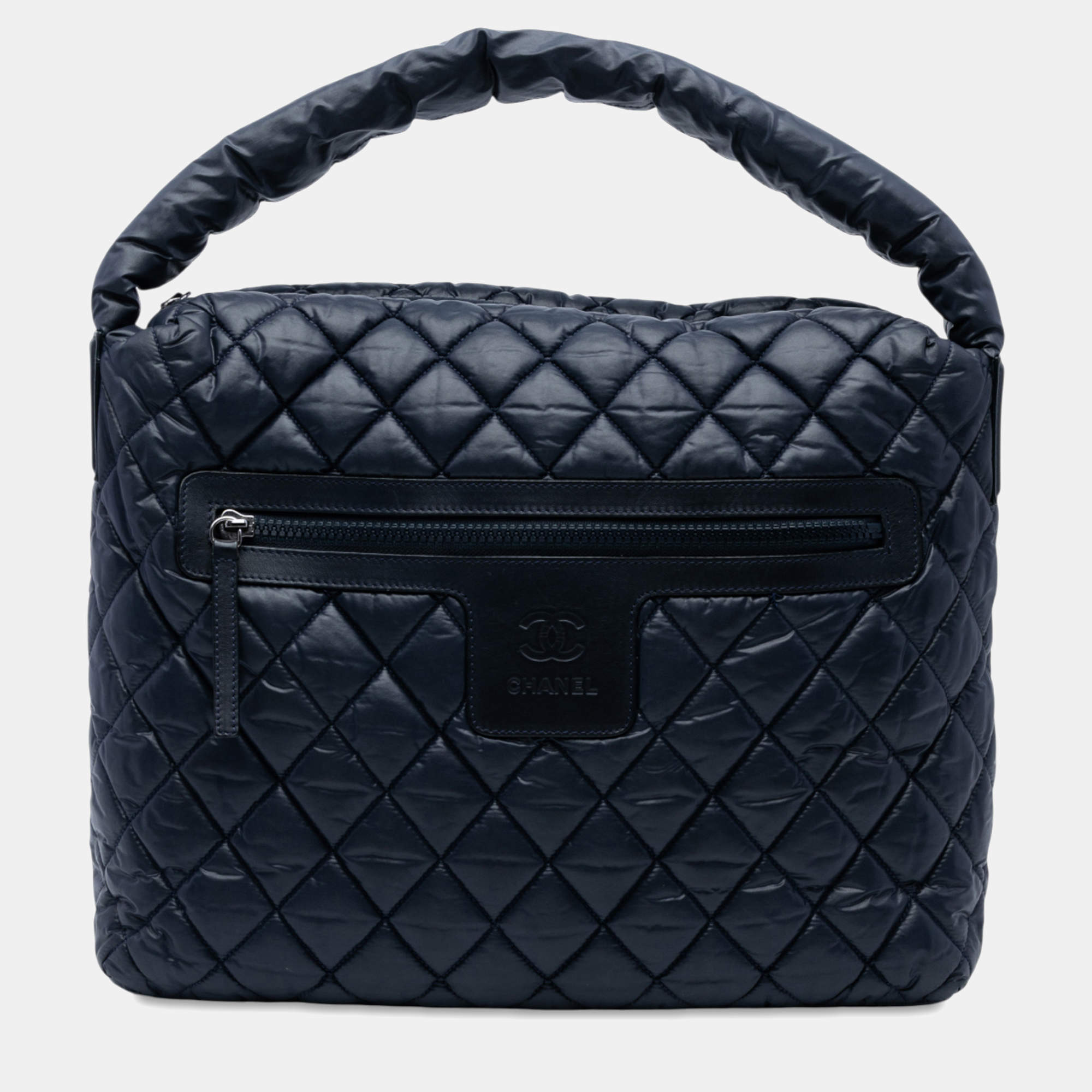 Pre Owned Chanel Navy Blue Quilted Nylon Coco Cocoon Hobo
