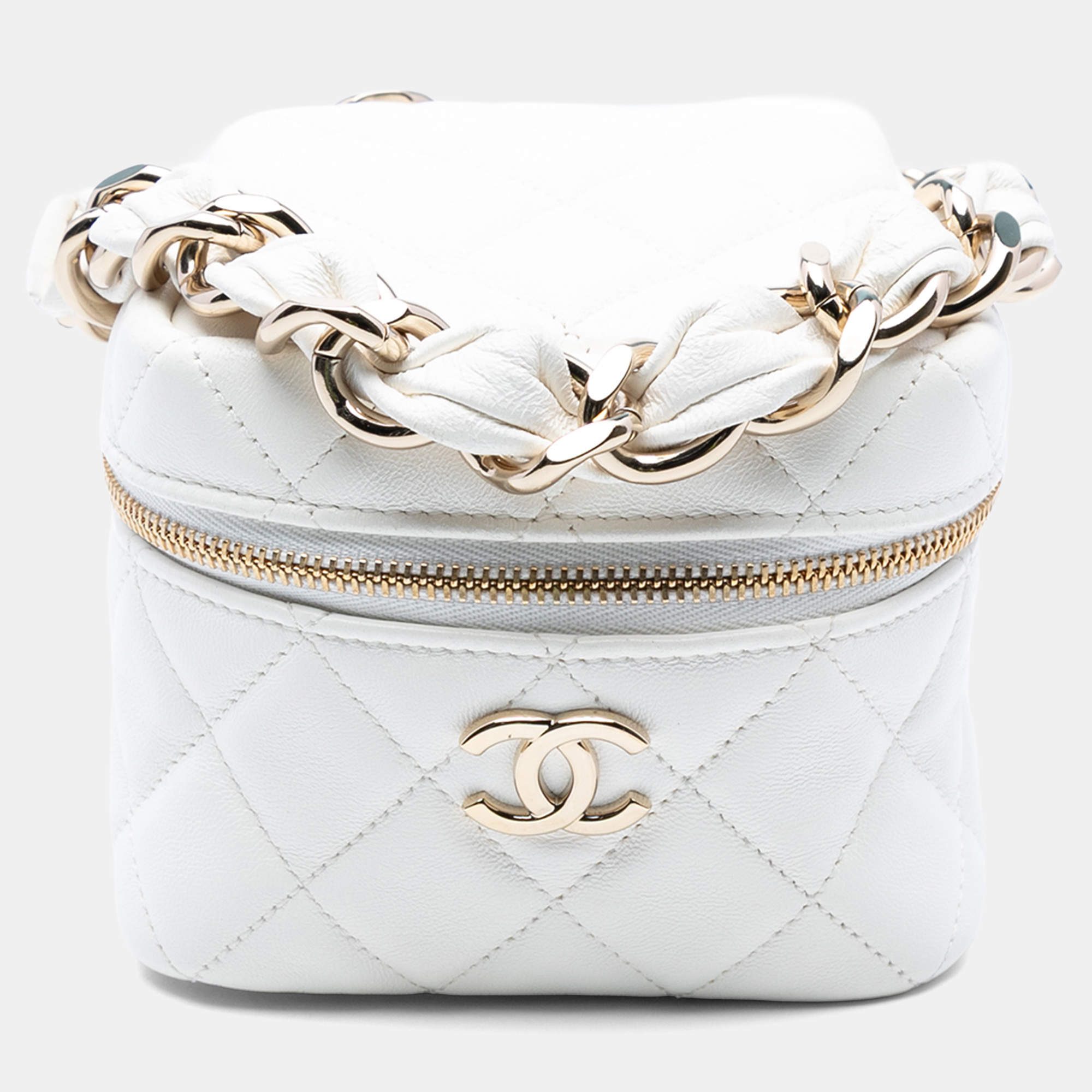 Pre Owned Chanel White Quilted Lambskin Cube Chain Wristlet Case