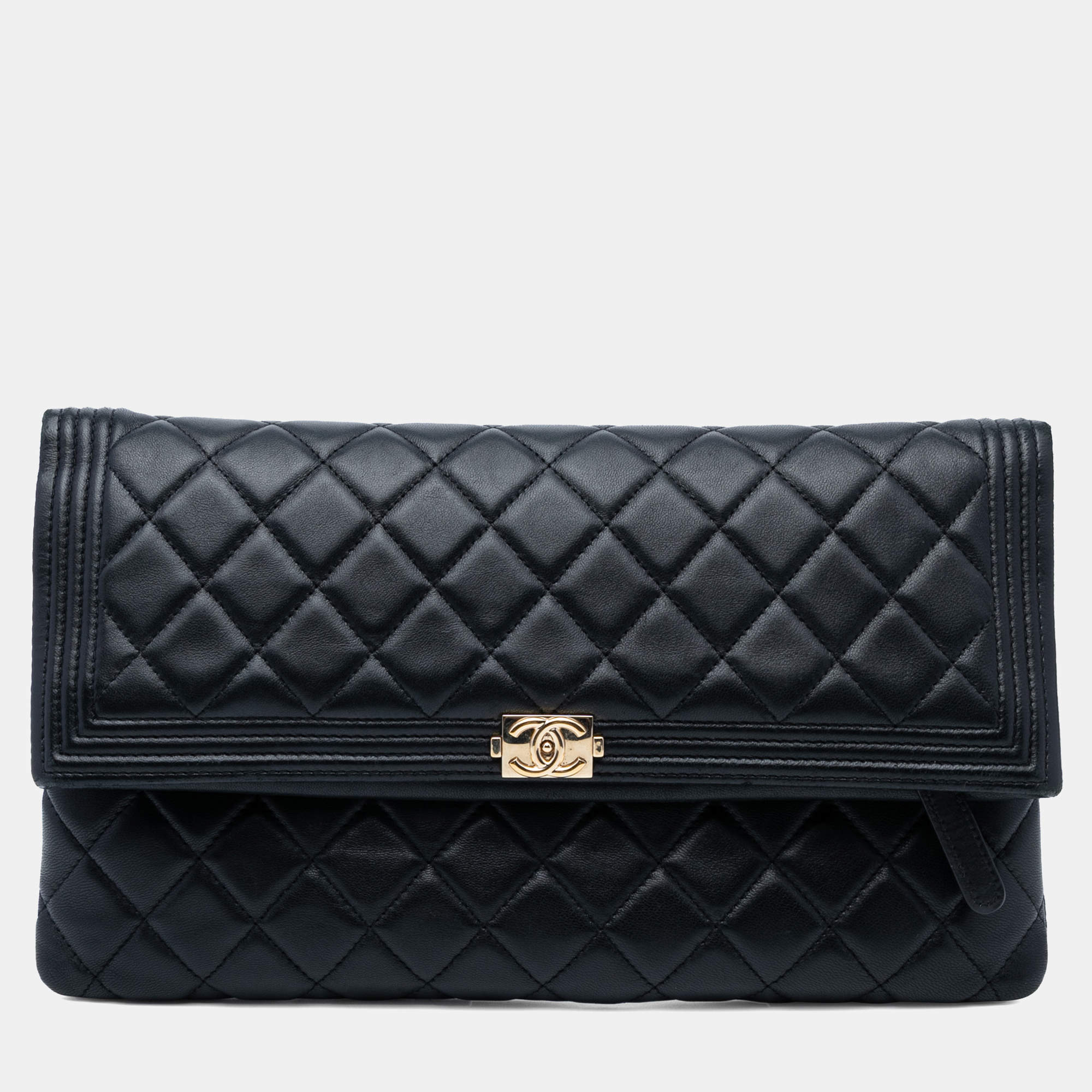 Pre Owned Chanel Black Quilted Lambskin Boy Foldover Clutch