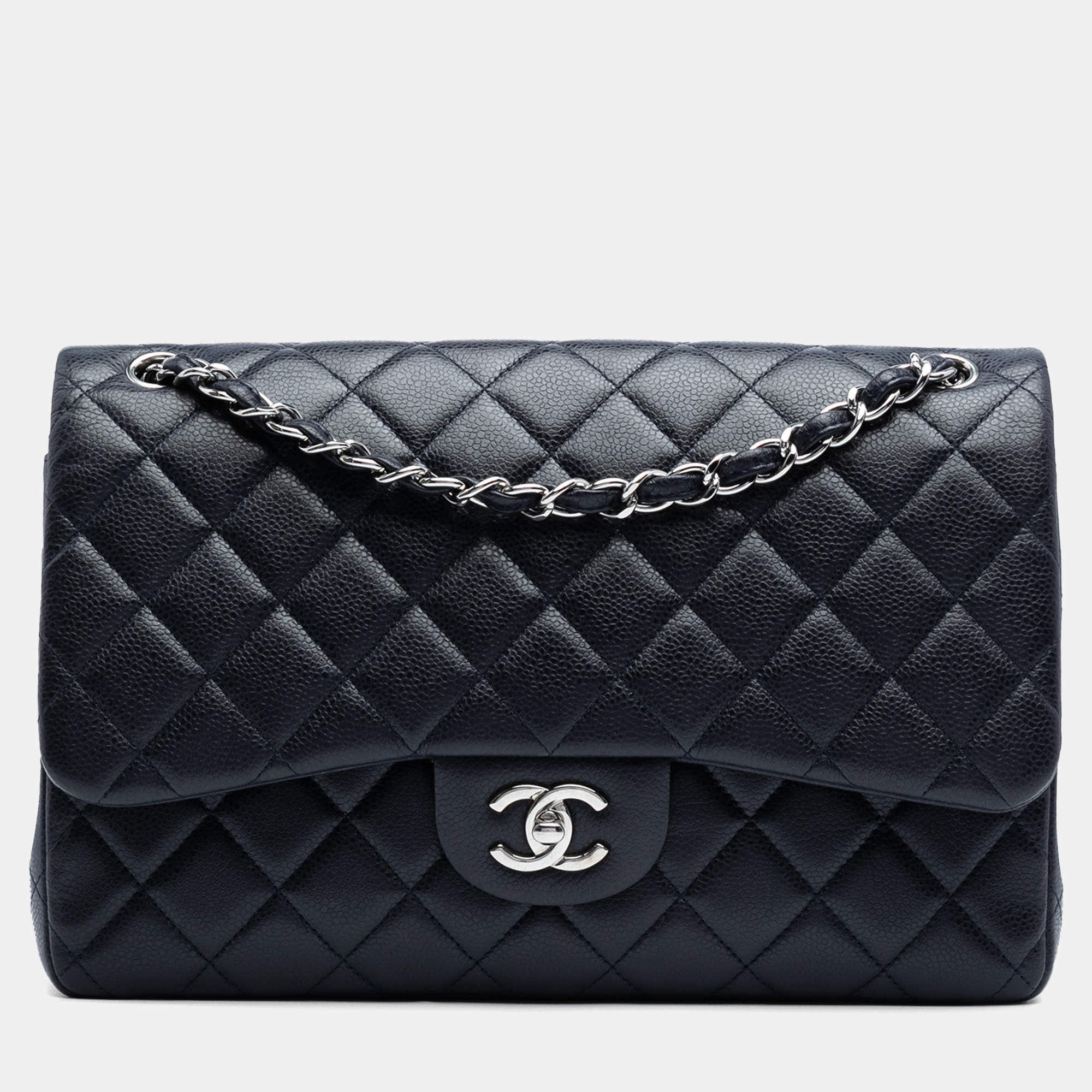 Pre Owned Chanel Navy Blue Jumbo Classic Caviar Double Flap