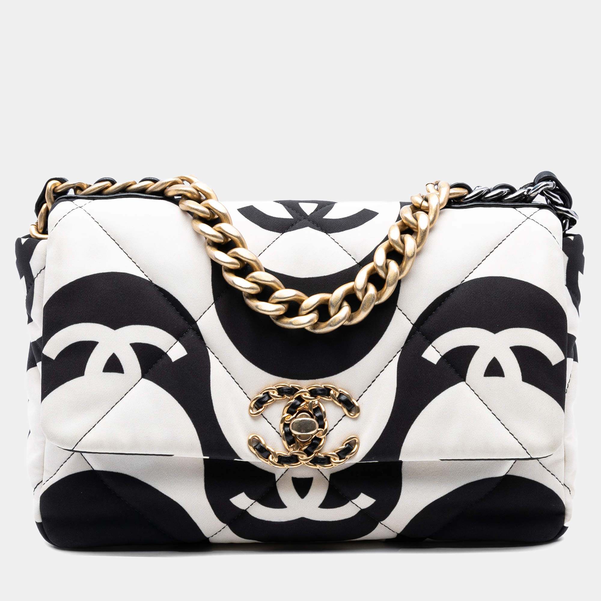 Pre Owned Chanel Black/White Medium Printed Silk 19 Flap