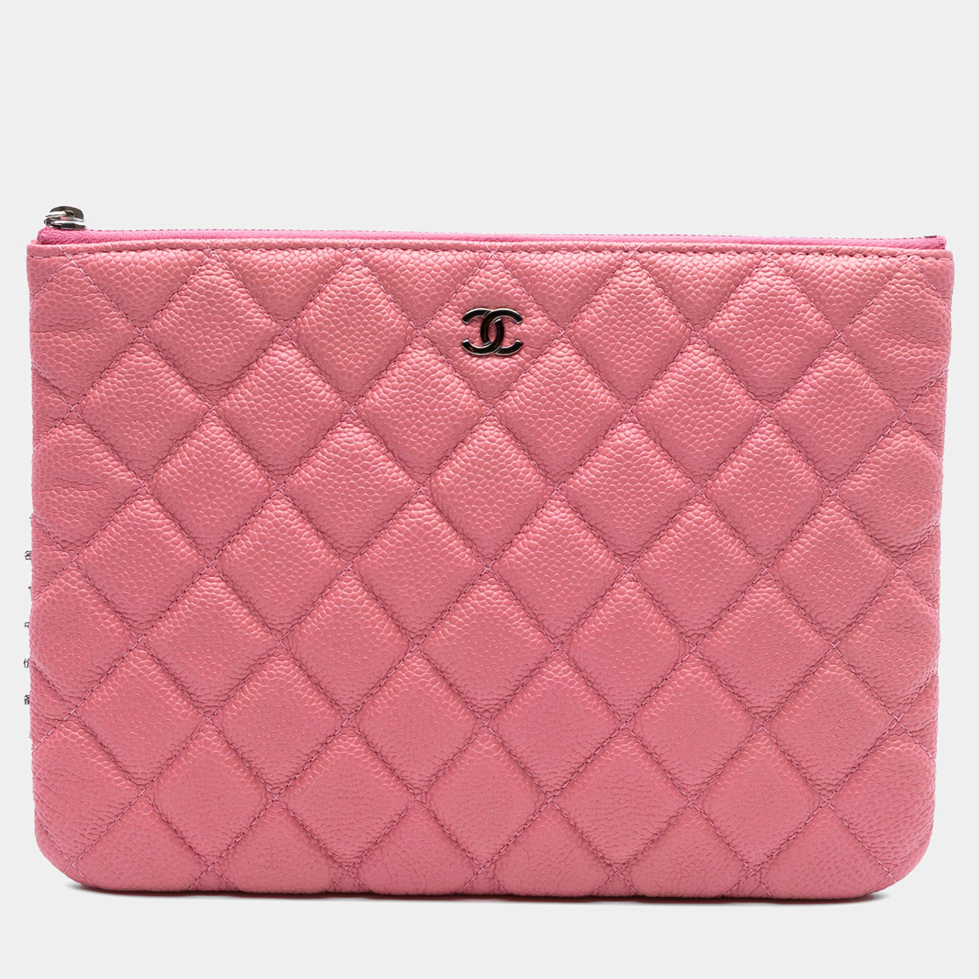 Pre Owned Chanel Pink Small Quilted Caviar O Case Clutch