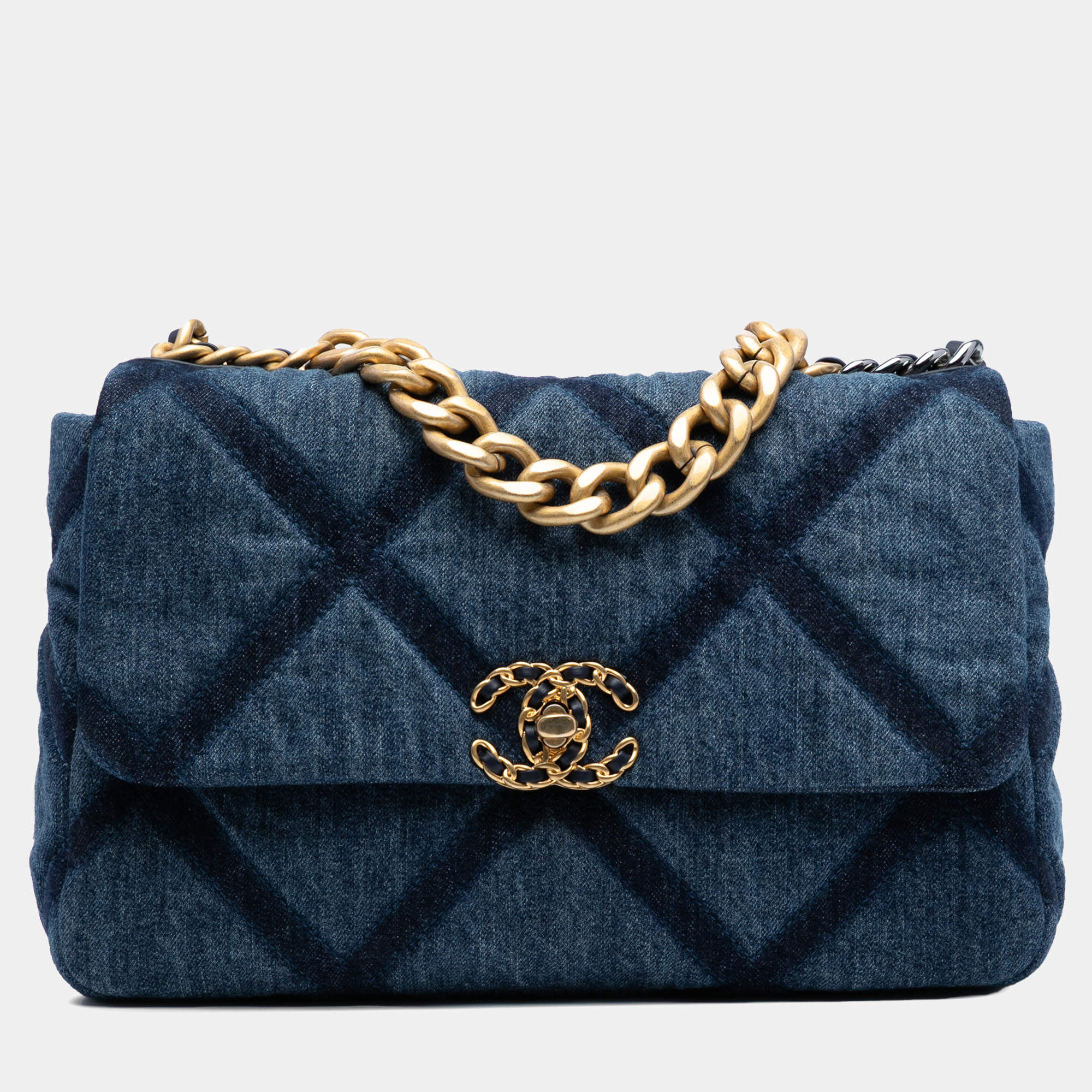 Pre Owned Chanel Blue Large Denim 19 Flap
