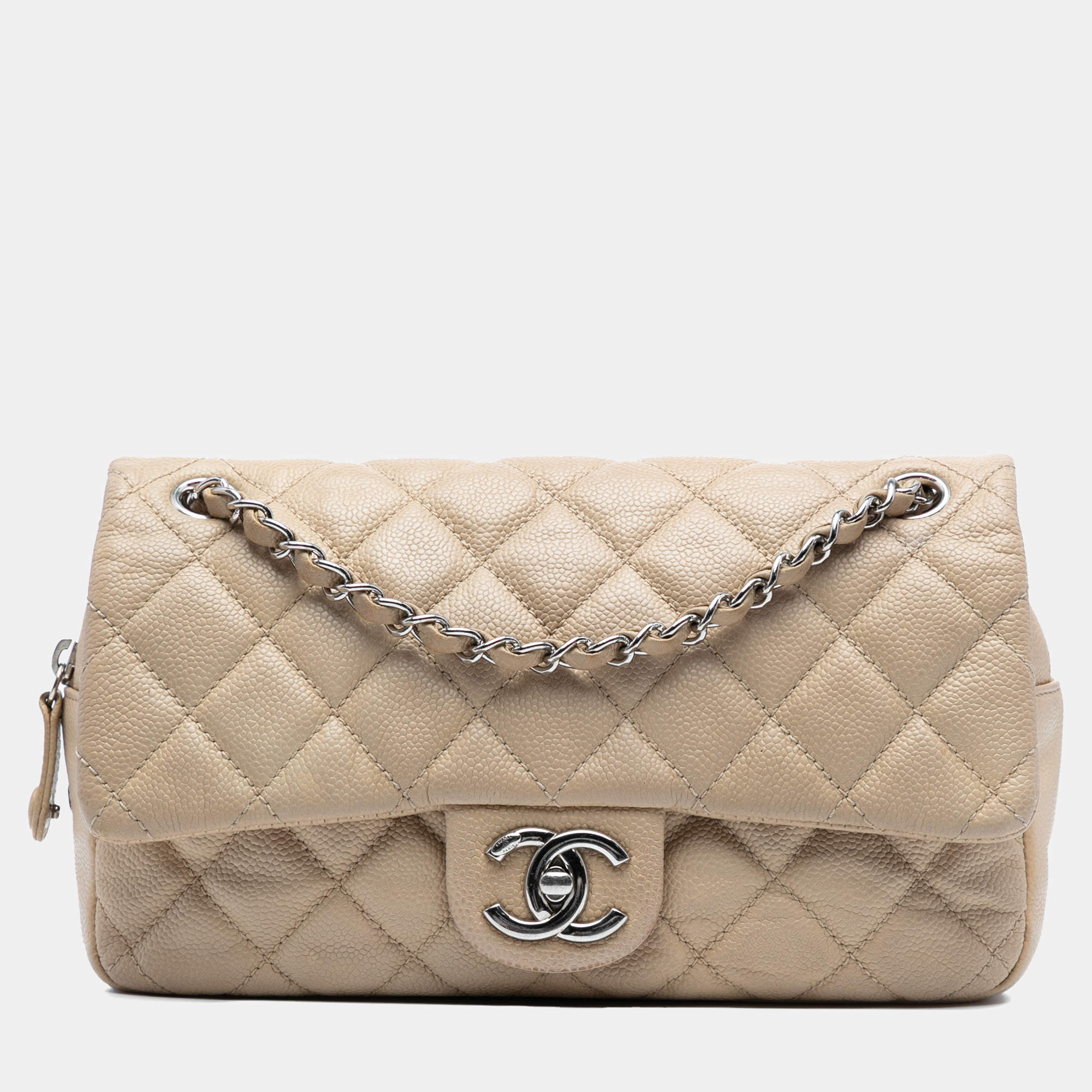 Pre Owned Chanel Beige Medium Quilted Caviar Easy Flap
