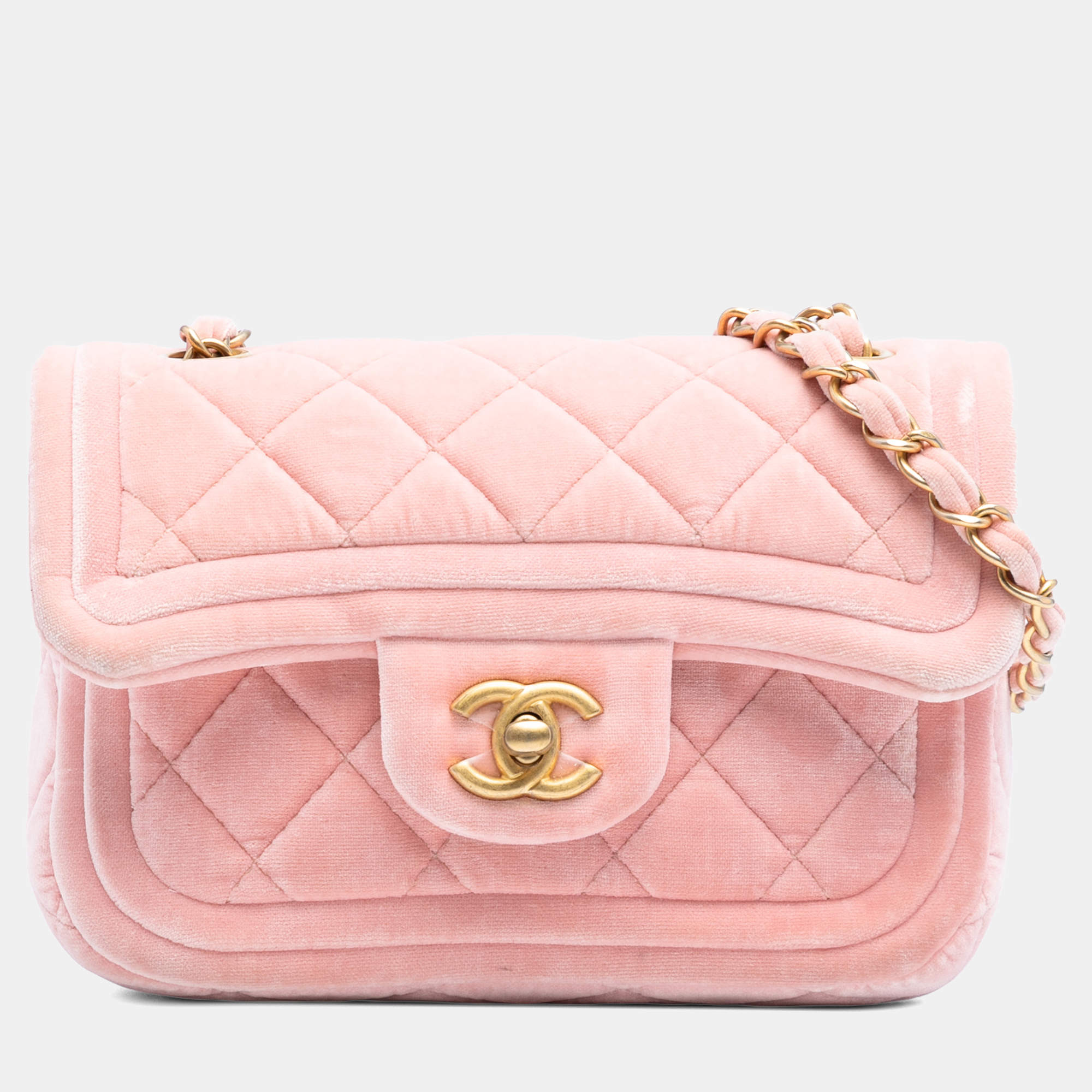 Pre Owned حقيبة شانيل صغيرة وردية من المخمل المبطن بإطار مزدوج وقلاب