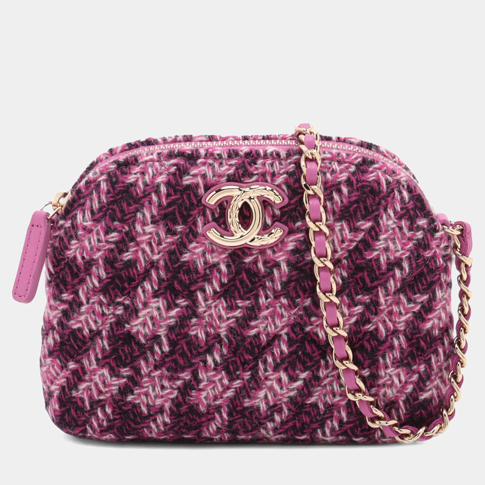 Pre Owned Chanel Pink CC Tweed Houndstooth Clutch On Chain