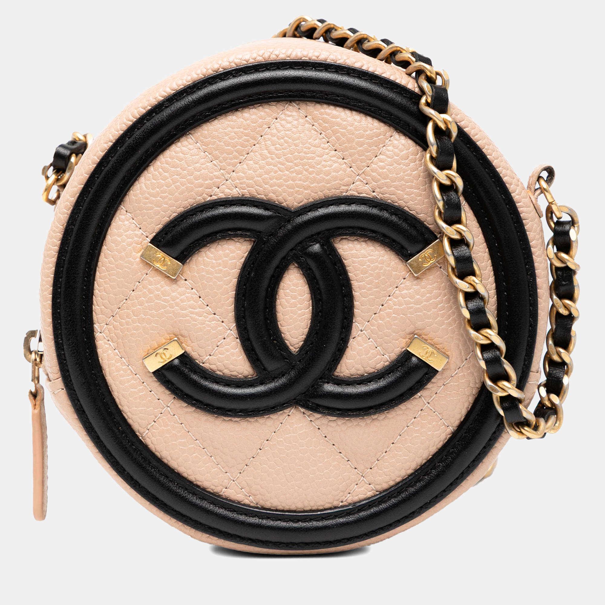 Pre Owned Chanel Beige Caviar CC Filigree Round Crossbody
